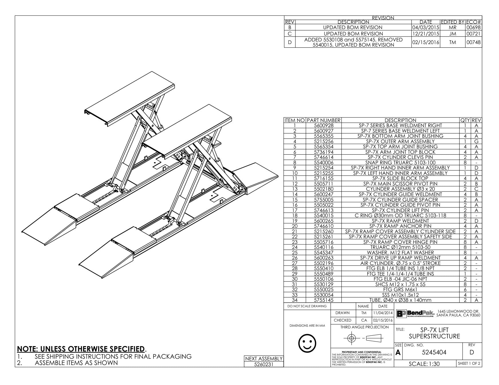 BendPak BENDPAK-5260231-SP-7X parts diagram — Cylinder Guide Weldment; SP-7X is item 14 (SP-7X LIFT SUPERSTRUCTURE)