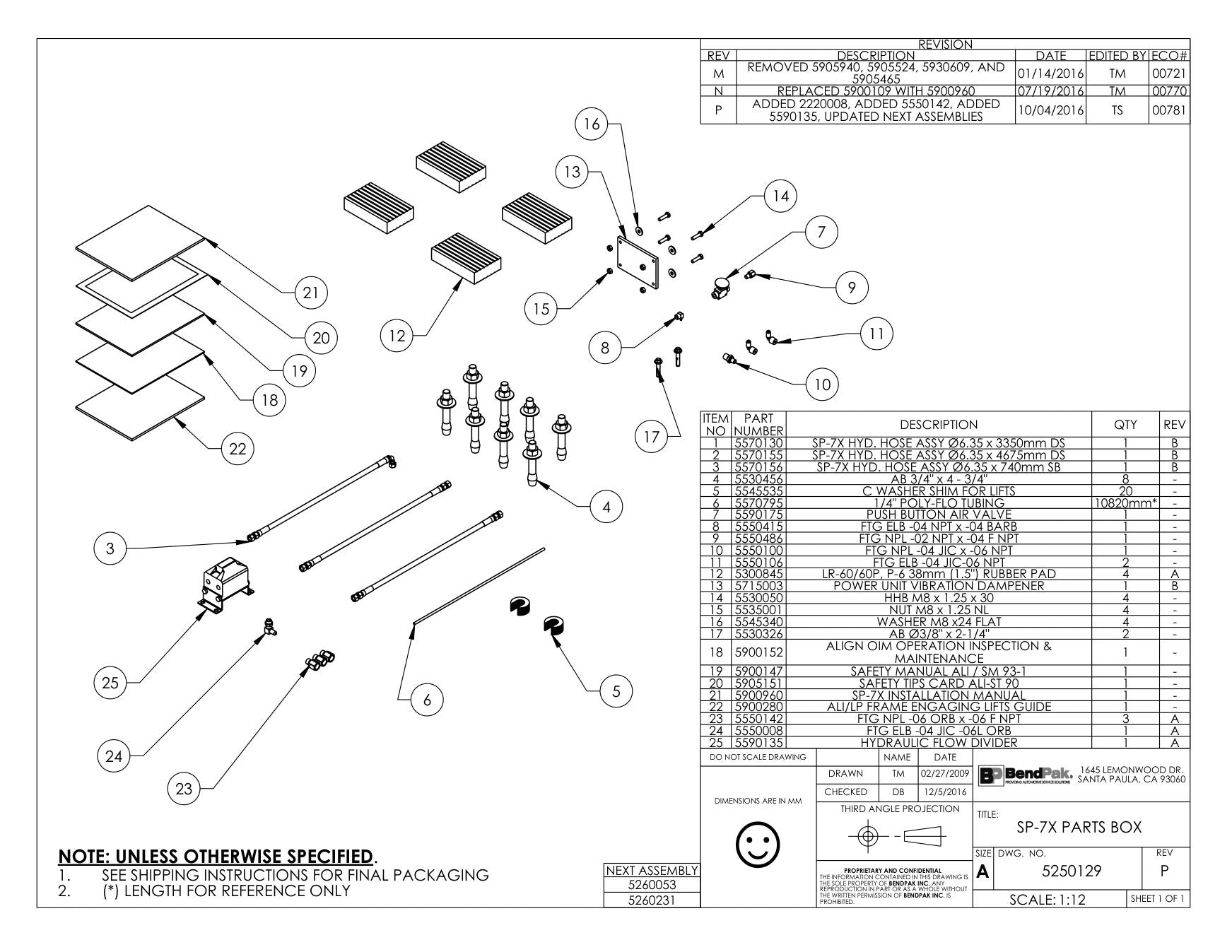 BendPak BENDPAK-5260231-SP-7X parts diagram — Hose Assy; 6.35 X 740MM Sb is item 3 (SP-7X PARTS BOX)