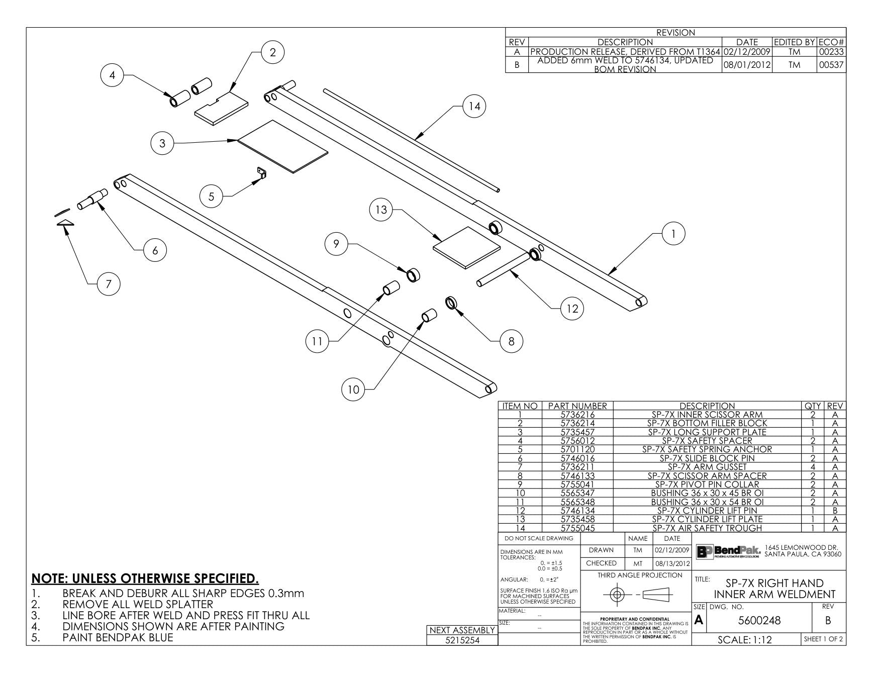 BendPak BENDPAK-5260231-SP-7X parts diagram — Bushing 36 X 30 X 45 Br Oi is item 10 (SP-7X RIGHT HAND INNER ARM WELDMENT)