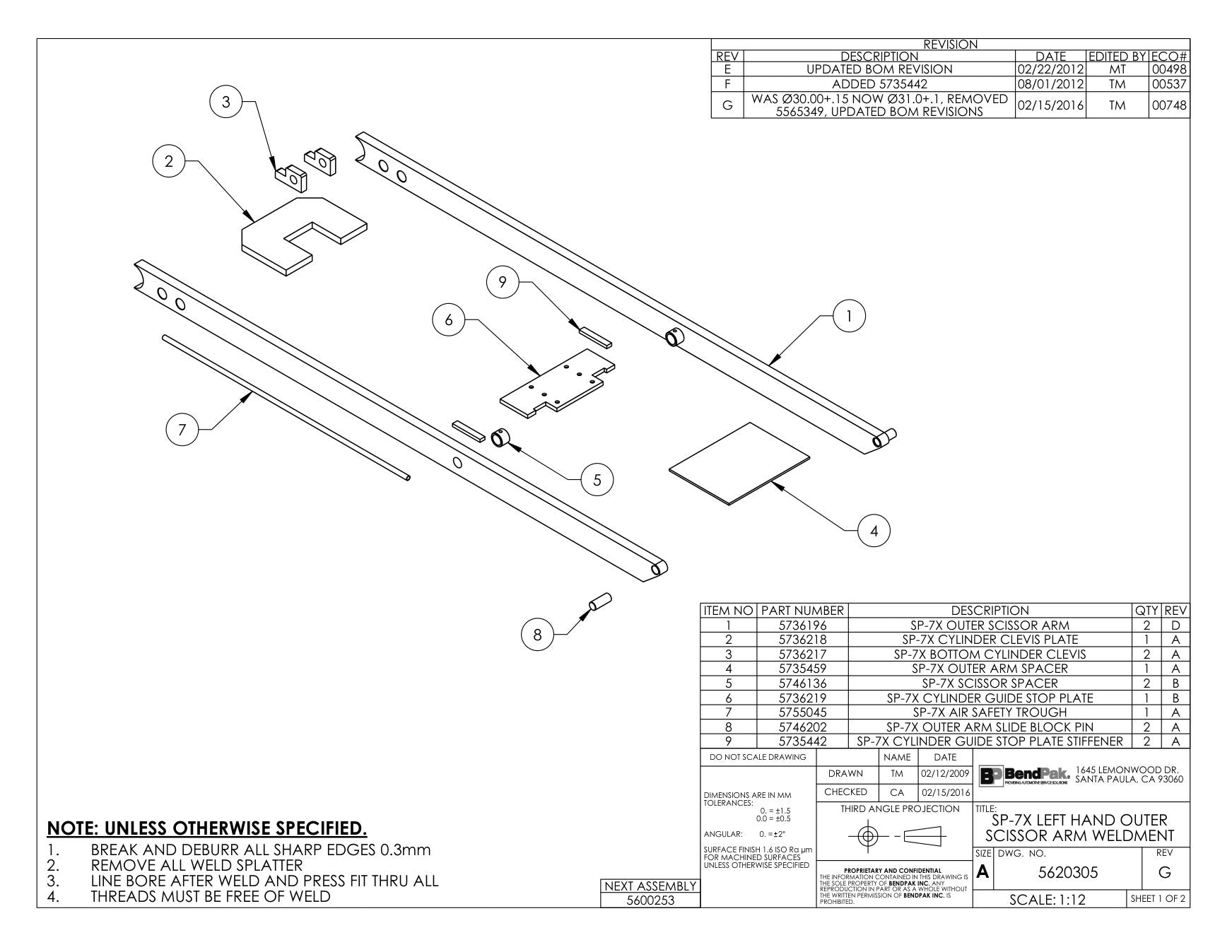 BendPak BENDPAK-5260231-SP-7X parts diagram — SP-7XE Outer Arm Slide Block Pin is item 8 (SP-7X LEFT HAND OUTER SCISSOR ARM WELDMENT)