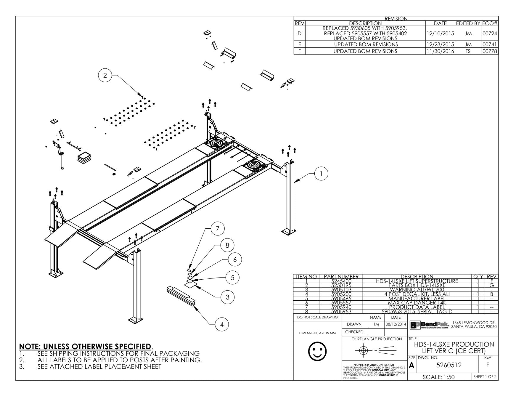 BendPak BENDPAK-5260512-HDS-14LSXE parts diagram — Label; Lift Capacity 14,000LBS., Eng.-fren. is item 6 (HDS-14LSXE PRODUCTION LIFT VER C (CE CERT))