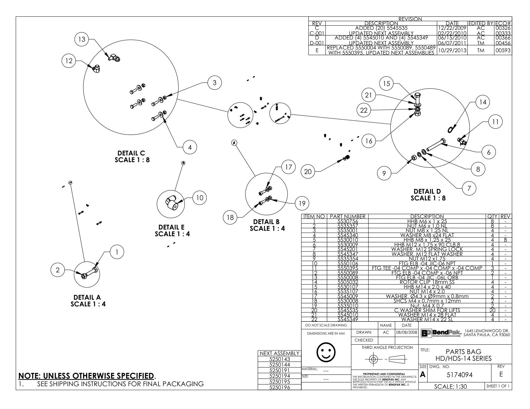 BendPak BENDPAK-5260512-HDS-14LSXE parts diagram — Washer, M14 X 22MM Sl is item 22 (PARTS BAG HD/HDS-14 SERIES)