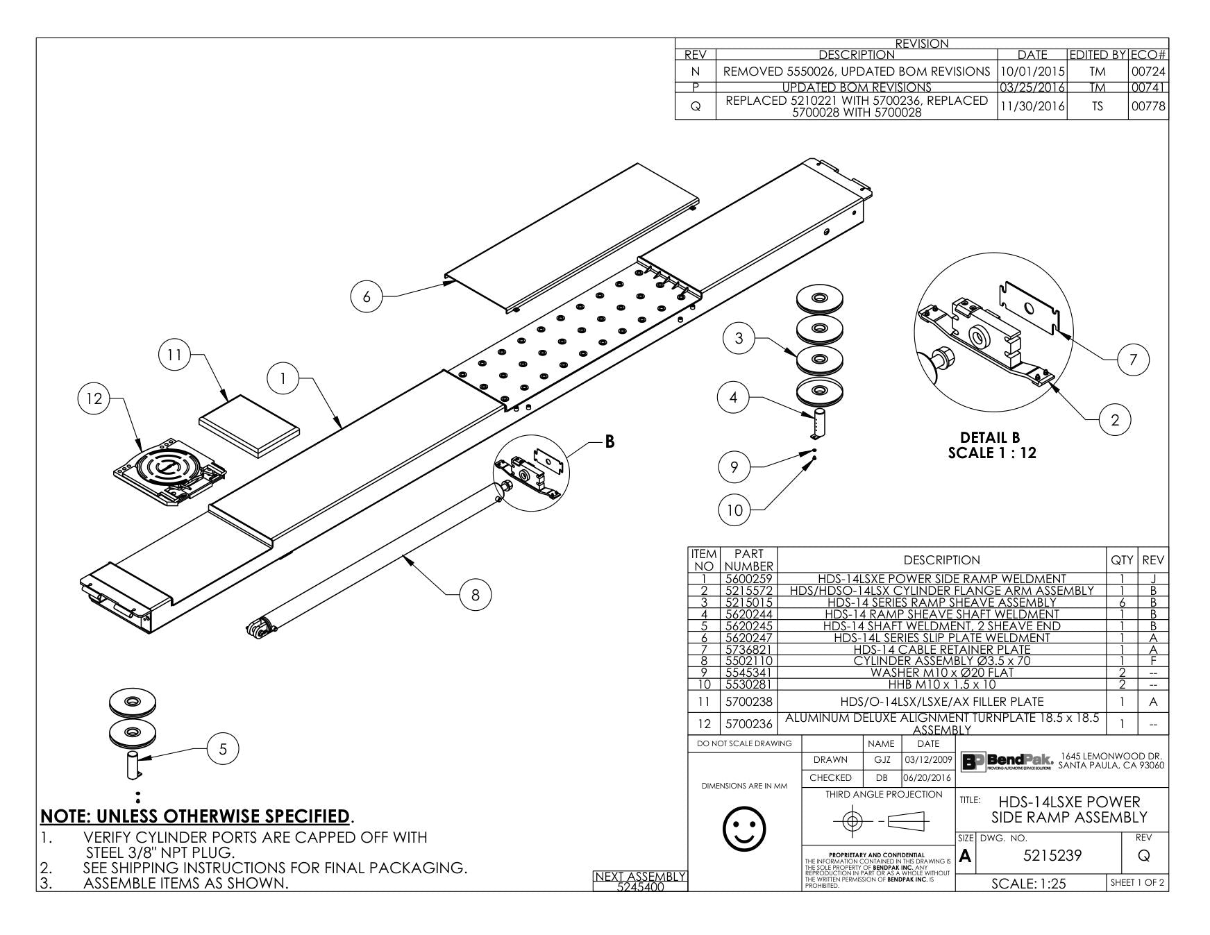 BendPak BENDPAK-5260512-HDS-14LSXE parts diagram — HDS/HDSO-14 Filler Plate is item 11 (HDS-14LSXE POWER SIDE RAMP ASSEMBLY)