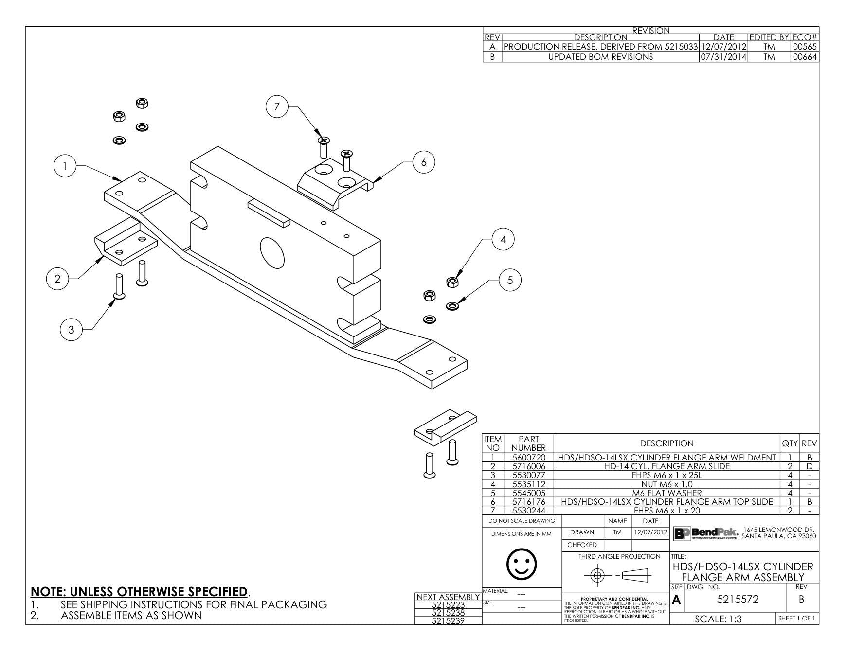 BendPak BENDPAK-5260512-HDS-14LSXE parts diagram — HD/HDS/HDSO-14 Cylinder Flange Arm Slide is item 2 (HDS/HDSO-14LSX CYLINDER FLANGE ARM ASSEMBLY)