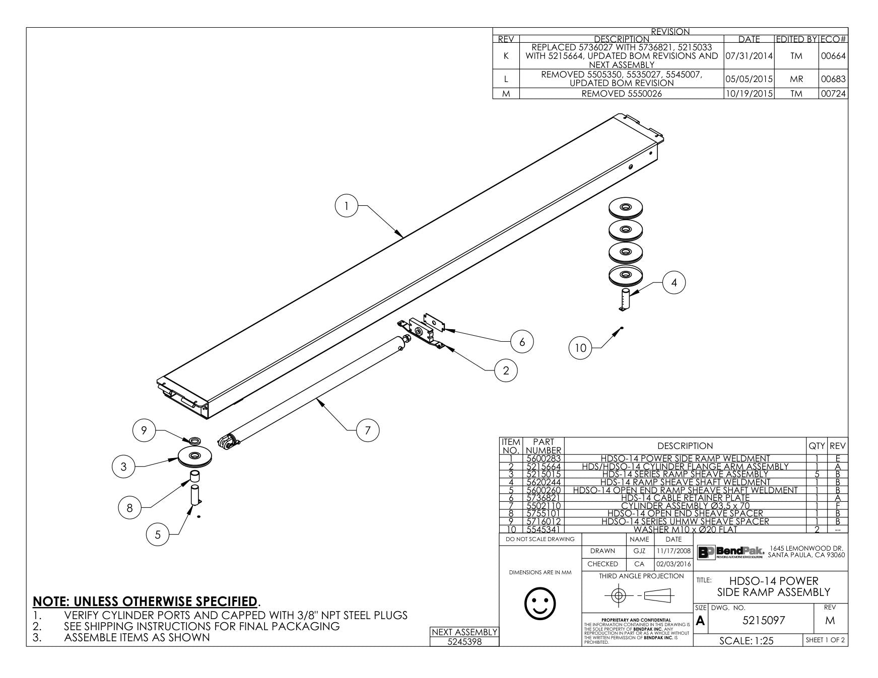 BendPak BENDPAK-5260519-HDSO-14 parts diagram — HDSO-14 Open End Sheave Spacer is item 8 (HDSO-14 POWER SIDE RAMP ASSEMBLY)