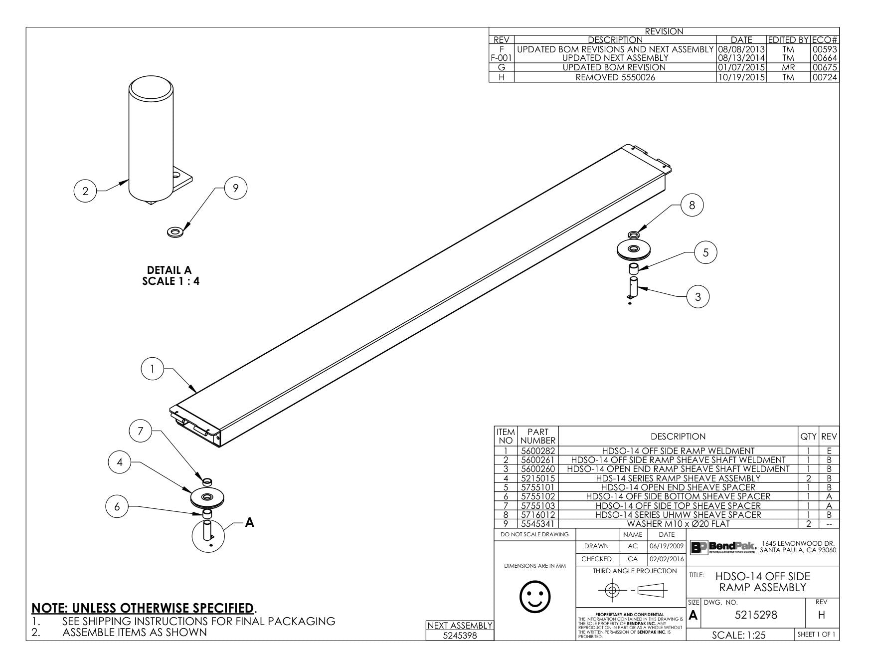 BendPak BENDPAK-5260519-HDSO-14 parts diagram — HDSO-14 Off Side Ramp Sheave Shaft Weldment is item 2 (HDSO-14 OFF SIDE RAMP ASSEMBLY)
