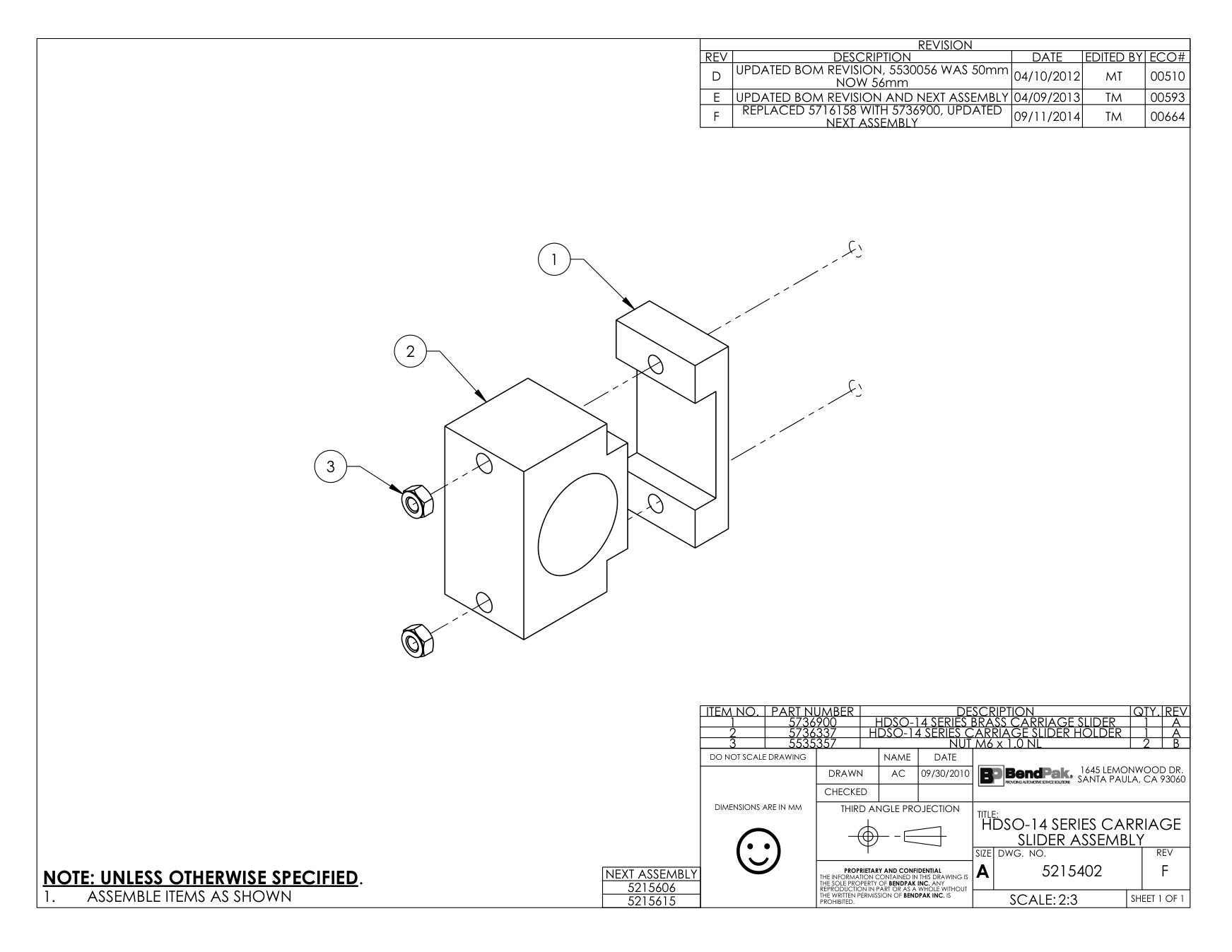 BendPak BENDPAK-5260519-HDSO-14 parts diagram — Carriage Slider Holder; HDSO-14 is item 2 (HDSO-14 SERIES CARRIAGE SLIDER ASSEMBLY)