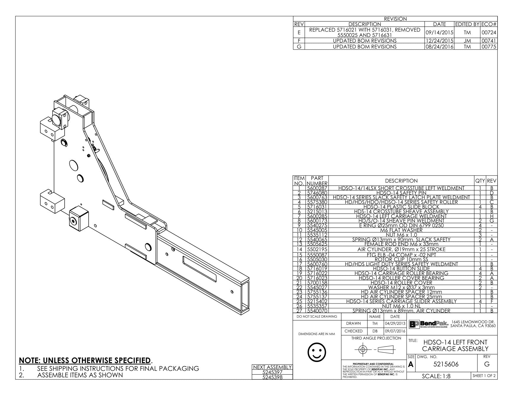 BendPak BENDPAK-5260519-HDSO-14 parts diagram — Roller Cover Bearing; HDSO-14 is item 20 (HDSO-14 LEFT FRONT CARRIAGE ASSEMBLY)