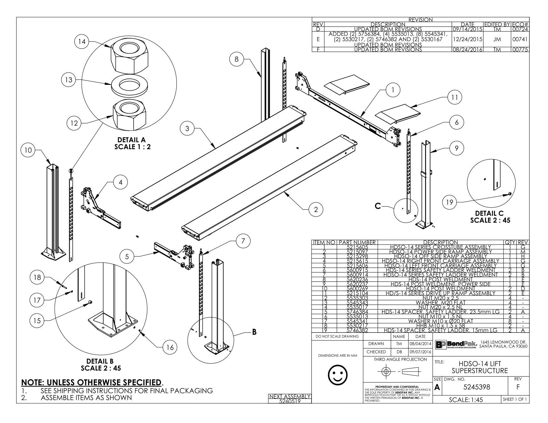 BendPak BENDPAK-5260519-HDSO-14 parts diagram — Hhb M10 X 1.5 X 58 is item 18 (HDSO-14 LIFT SUPERSTRUCTURE)