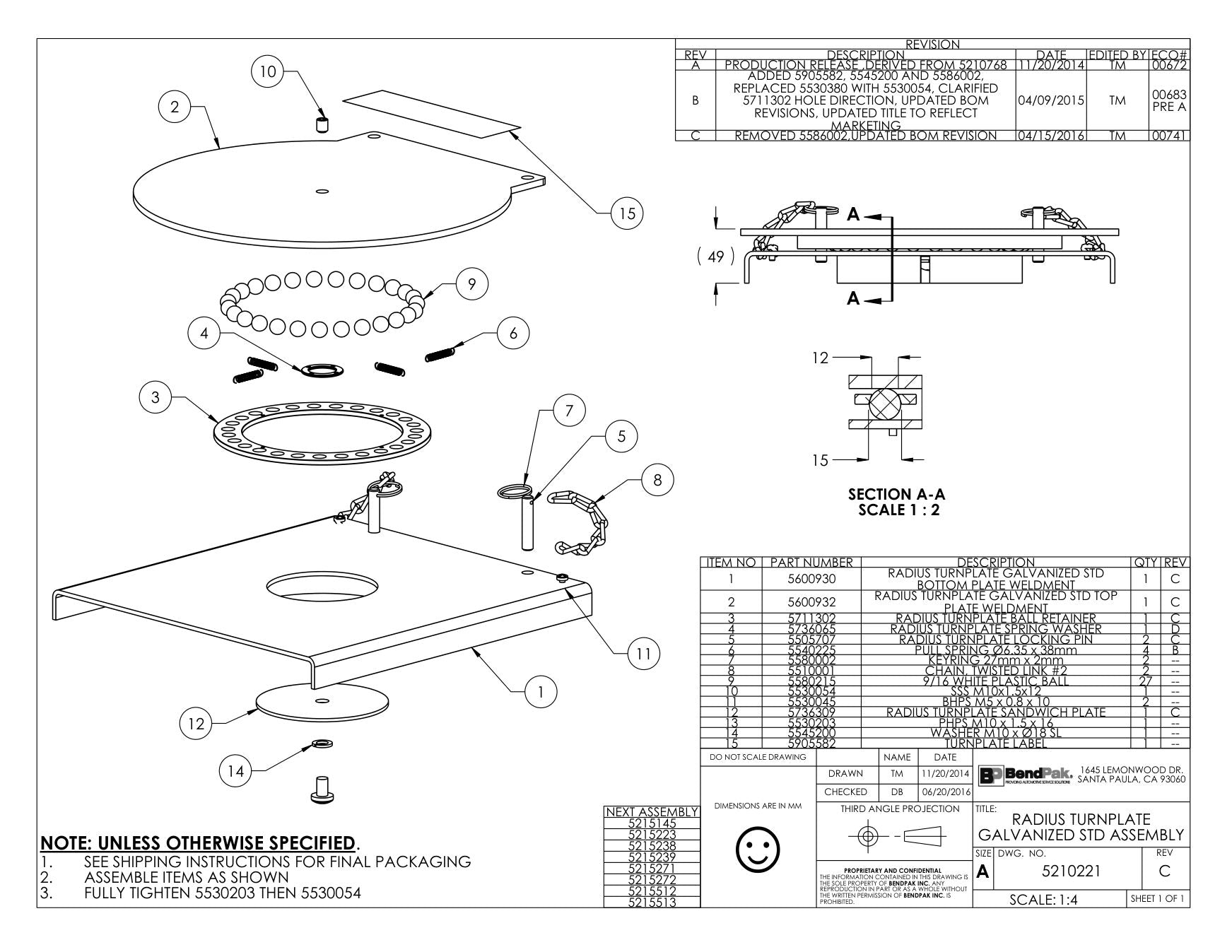 BendPak BENDPAK-5260520-HDSO14AX parts diagram — Turn Plate Ball Retainer is item 3 (RADIUS TURNPLATE GALVANIZED STD ASSEMBLY)
