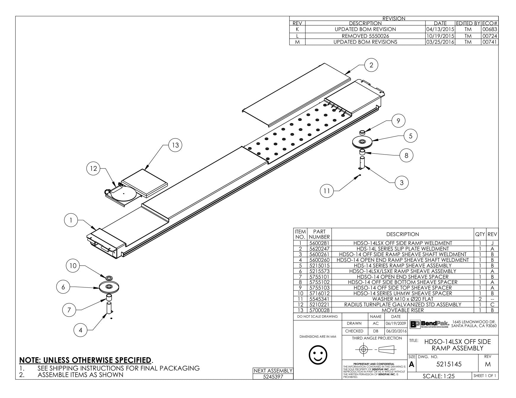 BendPak BENDPAK-5260520-HDSO14AX parts diagram — Off Side Ramp Weldment; HDSO-14AX is item 1 (HDSO-14LSX OFF SIDE RAMP ASSEMBLY)