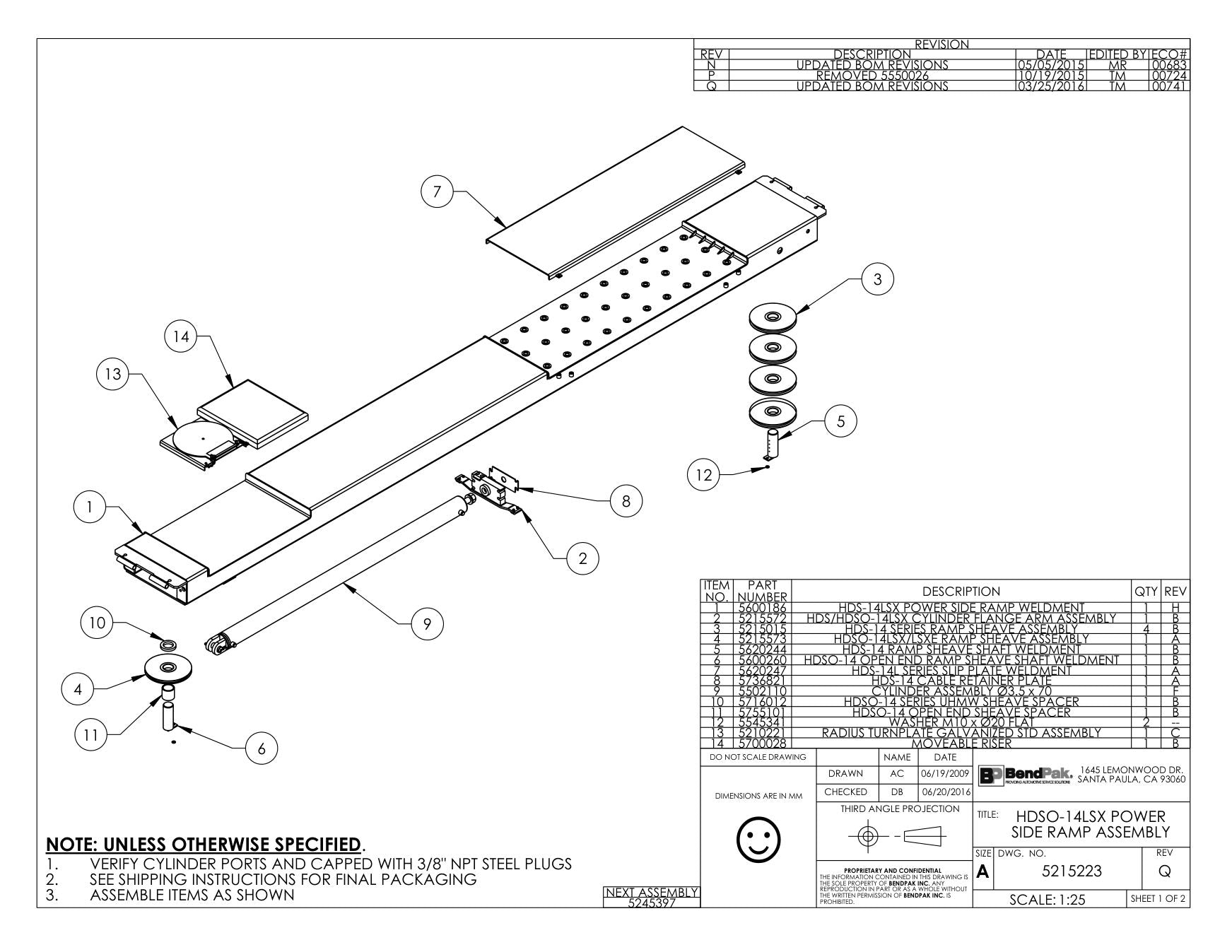 BendPak BENDPAK-5260520-HDSO14AX parts diagram — HDS/HDSO-14 Power Side Ramp Weldment is item 1 (HDSO-14LSX POWER SIDE RAMP ASSEMBLY)