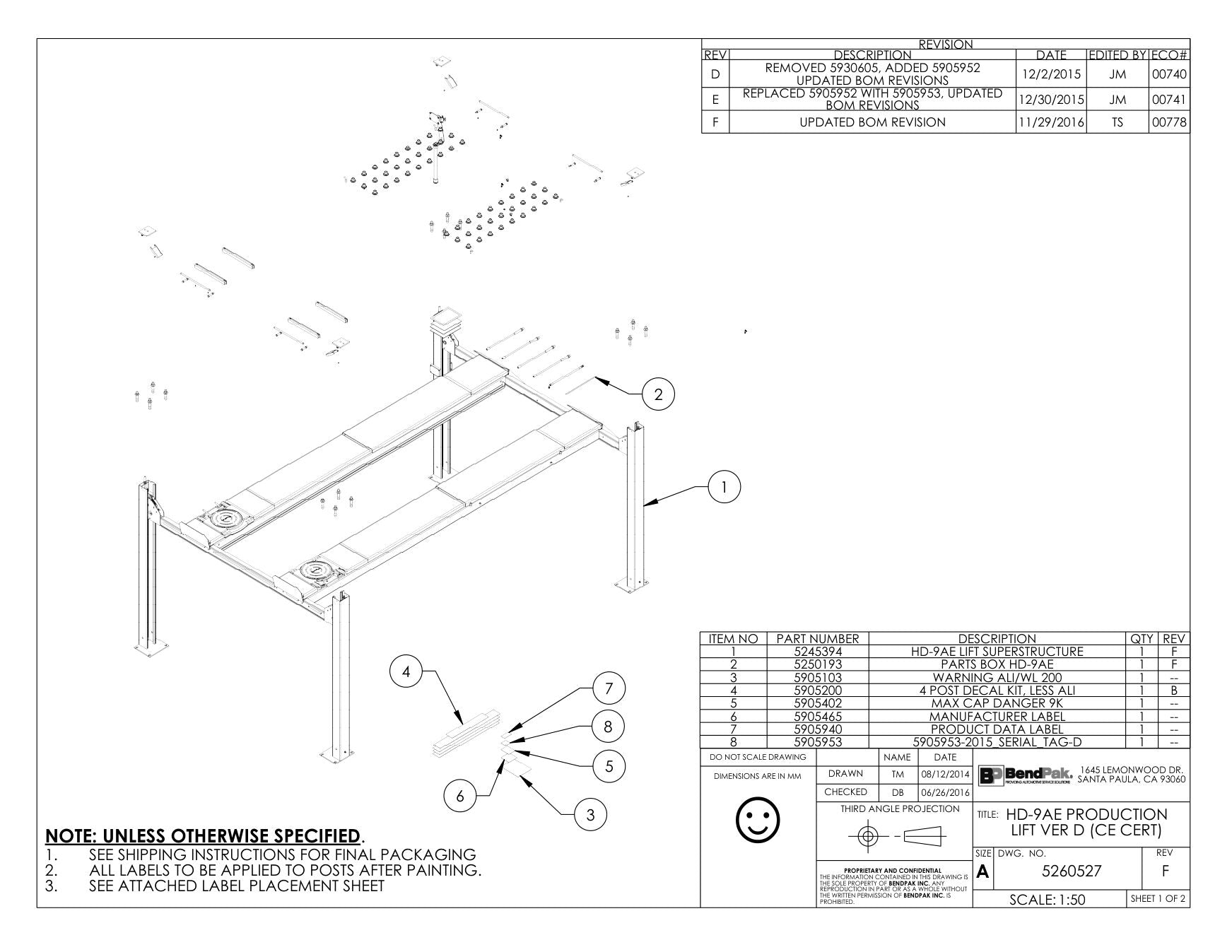 BendPak BENDPAK-5260527-HD-9AE parts diagram — Label; Lift Capacity 9,000LBS., Eng.-fren. is item 5 (HD-9AE PRODUCTION LIFT VER D (CE CERT))