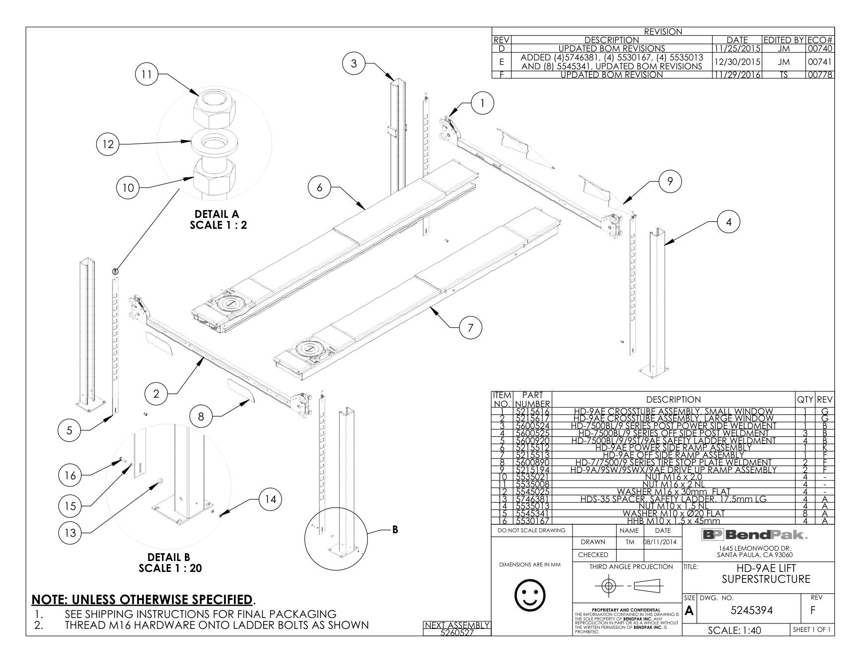 BendPak BENDPAK-5260527-HD-9AE parts diagram — Tire Stop Plate Weldment; HD-7/7500/9 is item 8 (HD-9AE LIFT SUPERSTRUCTURE)