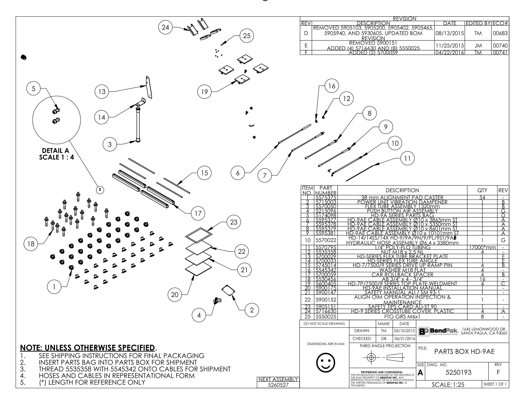 BendPak BENDPAK-5260527-HD-9AE parts diagram — Cable Assy; Ø10 X 5350MM St (19MM) is item 7 (PARTS BOX HD-9AE)
