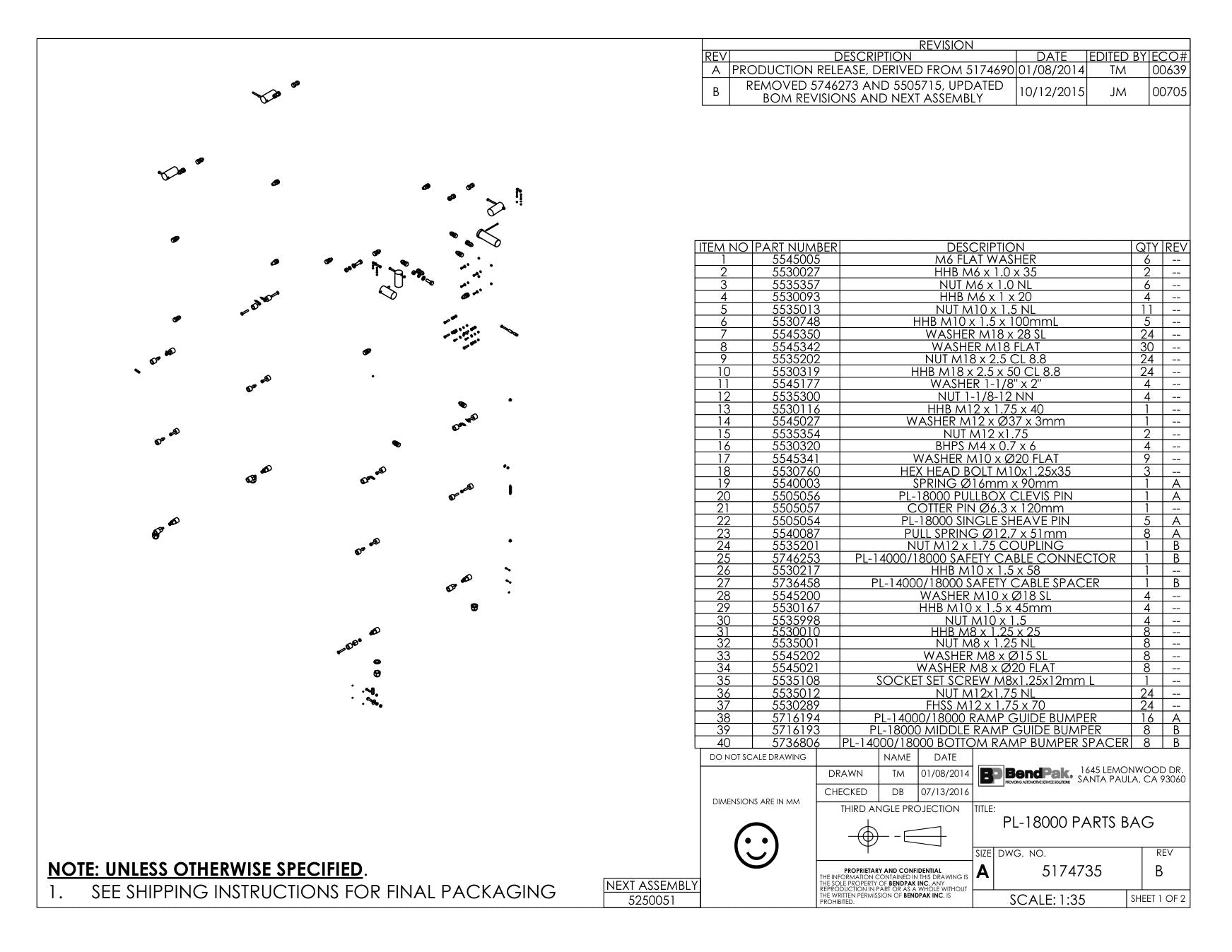 BendPak BENDPAK-5260580-PL-18000 parts diagram — Hhb M6 X 1.0 X 35 is item 2 (PL-18000 PARTS BAG)