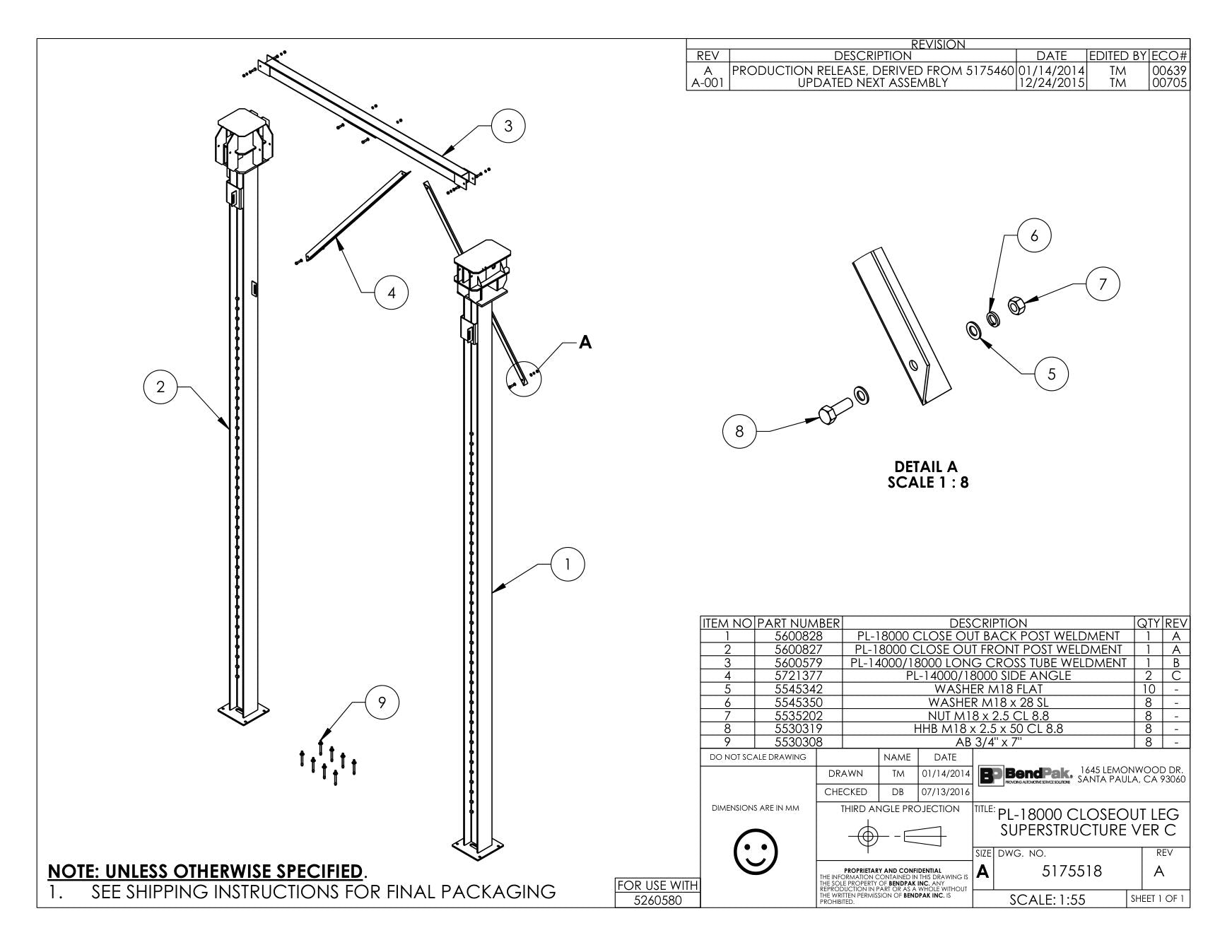 BendPak BENDPAK-5260580-PL-18000 parts diagram — 3/4" X 7'' Cc Anchor Bolt, Concrete is item 9 (PL-18000 CLOSEOUT LEG SUPERSTRUCTURE VER C)