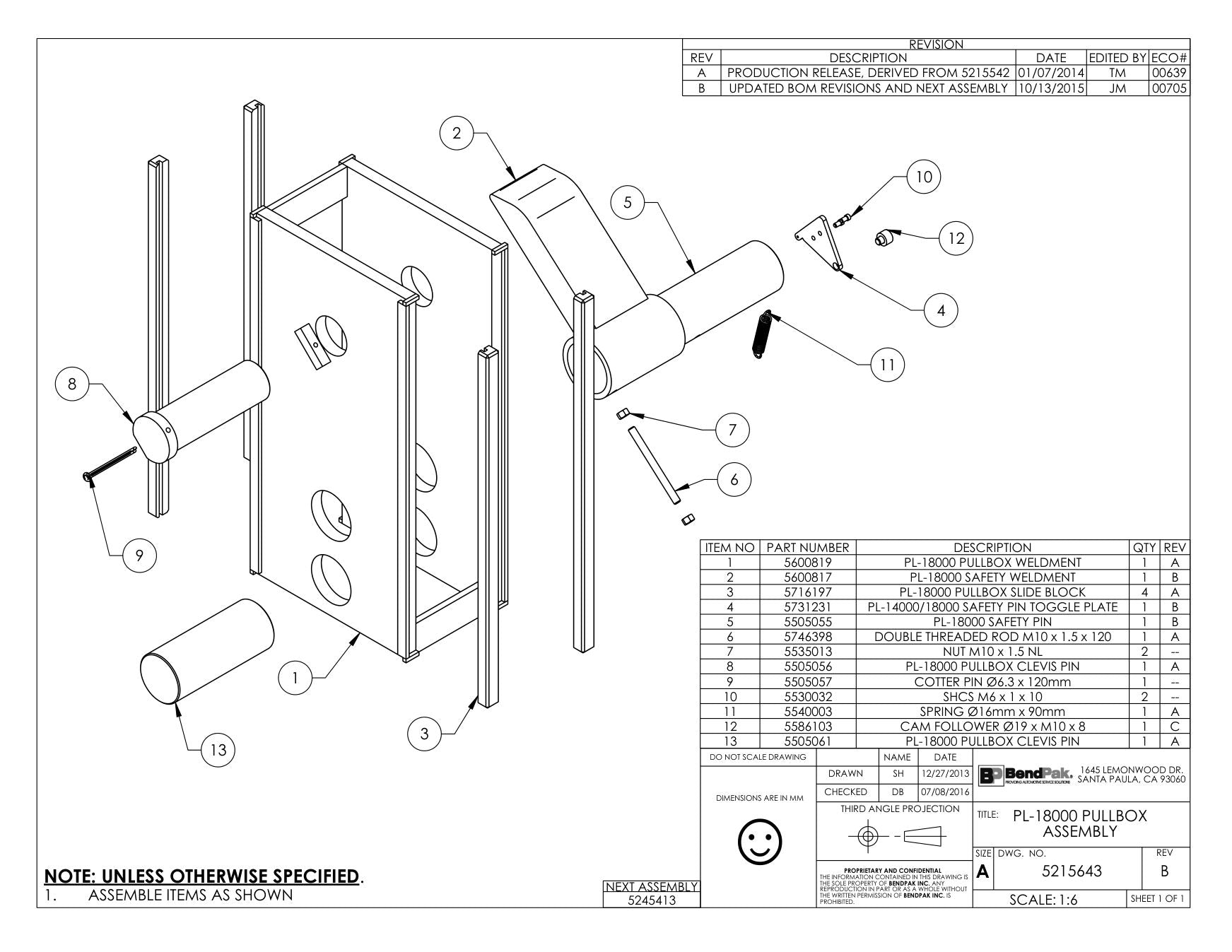 BendPak BENDPAK-5260580-PL-18000 parts diagram — Shcs M6 X 1.0 X 10MM is item 10 (PL-18000 PULLBOX ASSEMBLY)