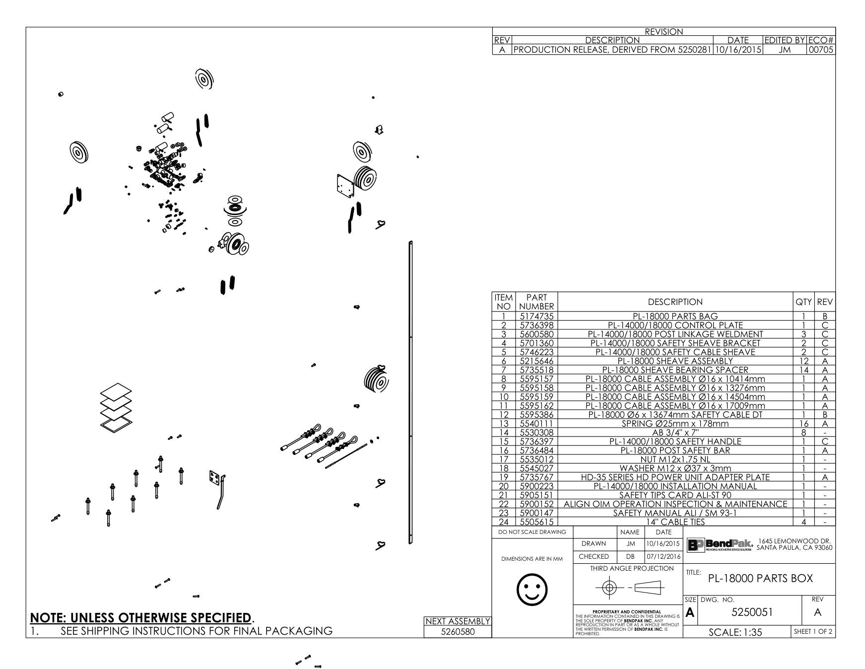 BendPak BENDPAK-5260580-PL-18000 parts diagram — Post Linkage Weldment; PL-14000/18000 is item 3 (PL-18000 PARTS BOX)