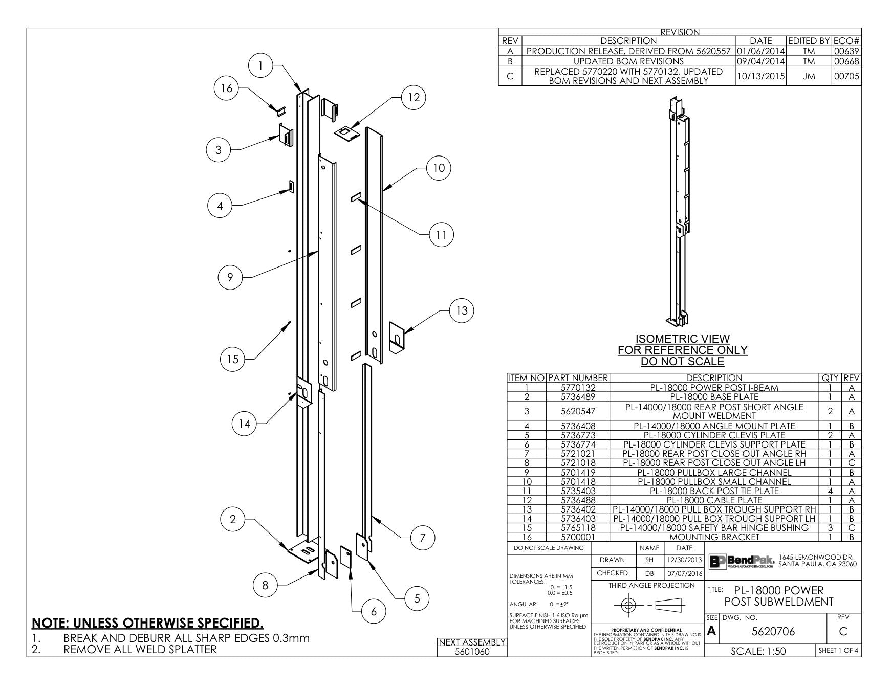 BendPak BENDPAK-5260580-PL-18000 parts diagram — Power Unit Mounting Bracket is item 16 (PL-18000 POWER POST SUBWELDMENT)