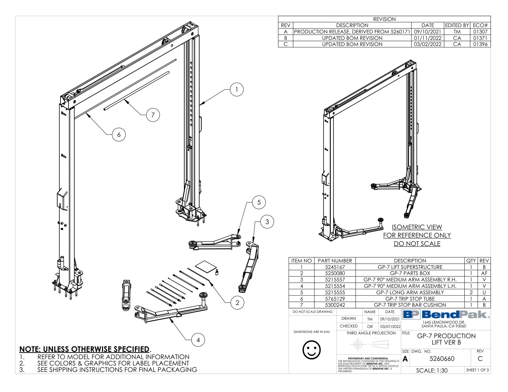 BendPak GP-7-150 parts diagram — GP-7 Series Long Arm Assembly is item 5 (GP-7 PRODUCTION LIFT VER B)