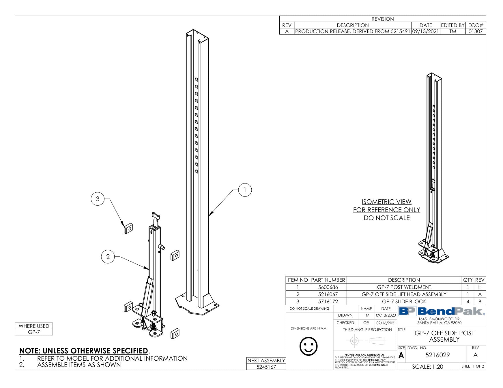 BendPak GP-7-150 parts diagram — Slide Block; GP-7 is item 3 (GP-7 OFF SIDE POST ASSEMBLY)