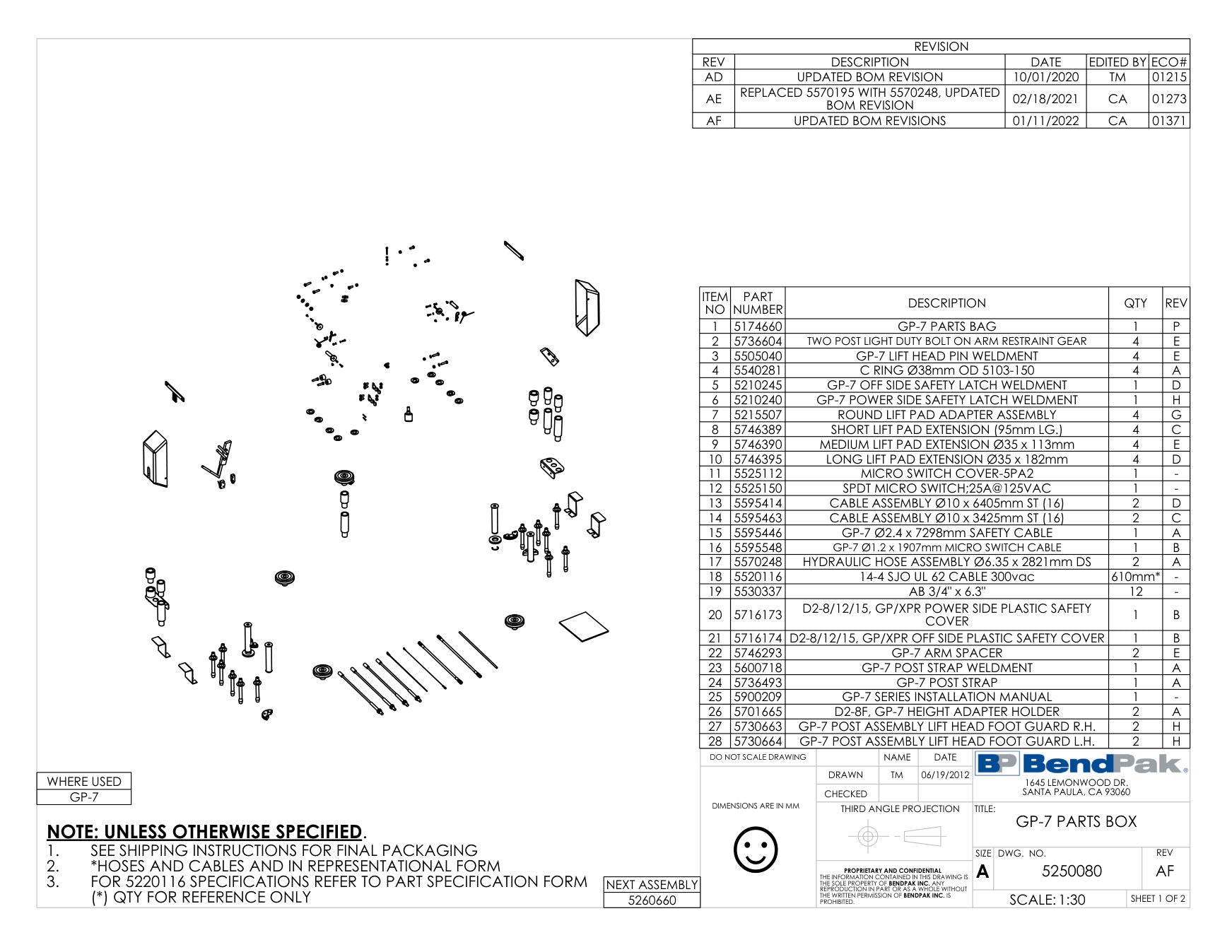 BendPak GP-7-150 parts diagram — Safety Latch Weldment; GP-7 Series Power Side is item 6 (GP-7 PARTS BOX)