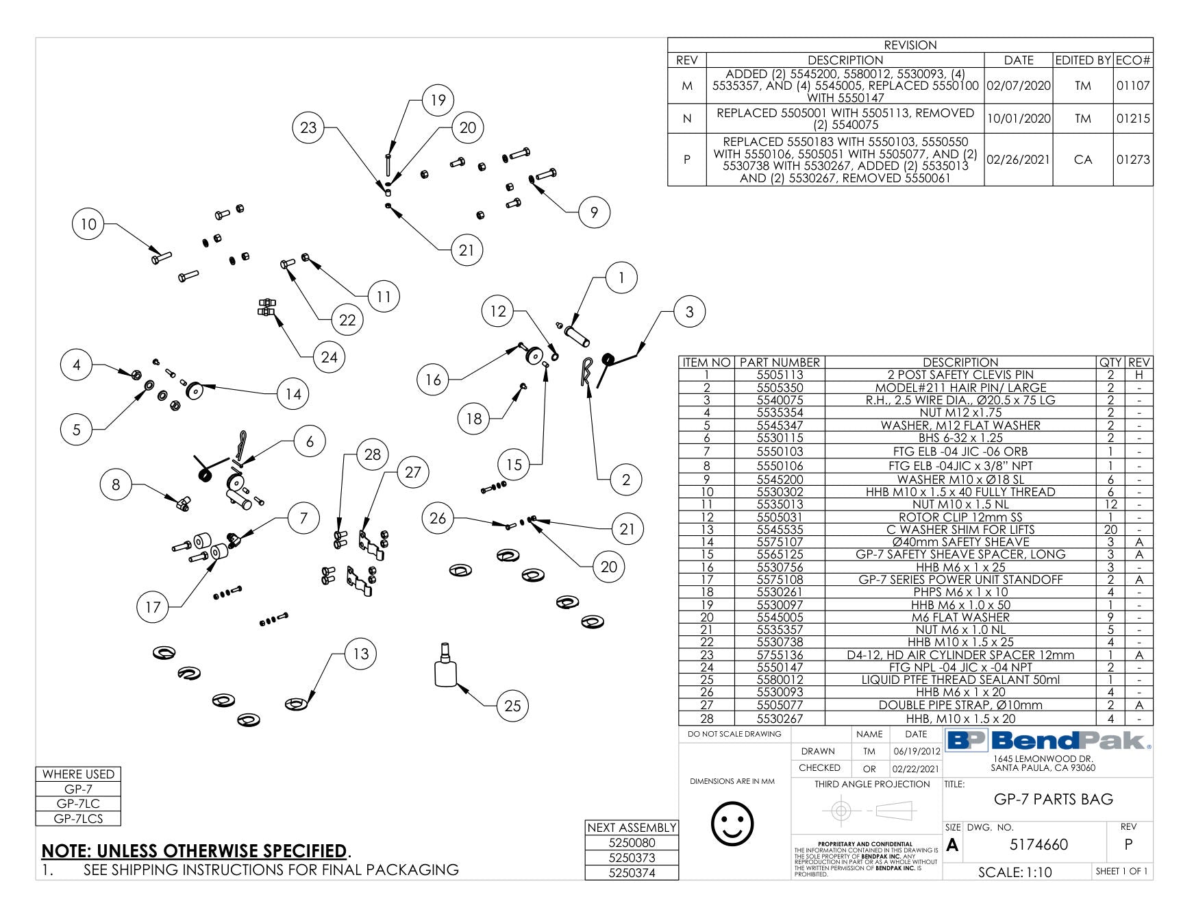 BendPak GP-7-150 parts diagram — GP-7 Long Safety Sheave Spacer -  8MM OD X 6.4MM ID X 14.5 L is item 15 (GP-7 PARTS BAG)