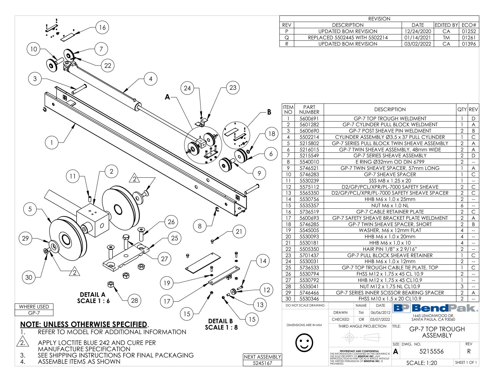 BendPak GP-7-150 parts diagram — Top Trough Cable Tie Plate, Top; GP-7 Series is item 25 (GP-7 TOP TROUGH ASSEMBLY)