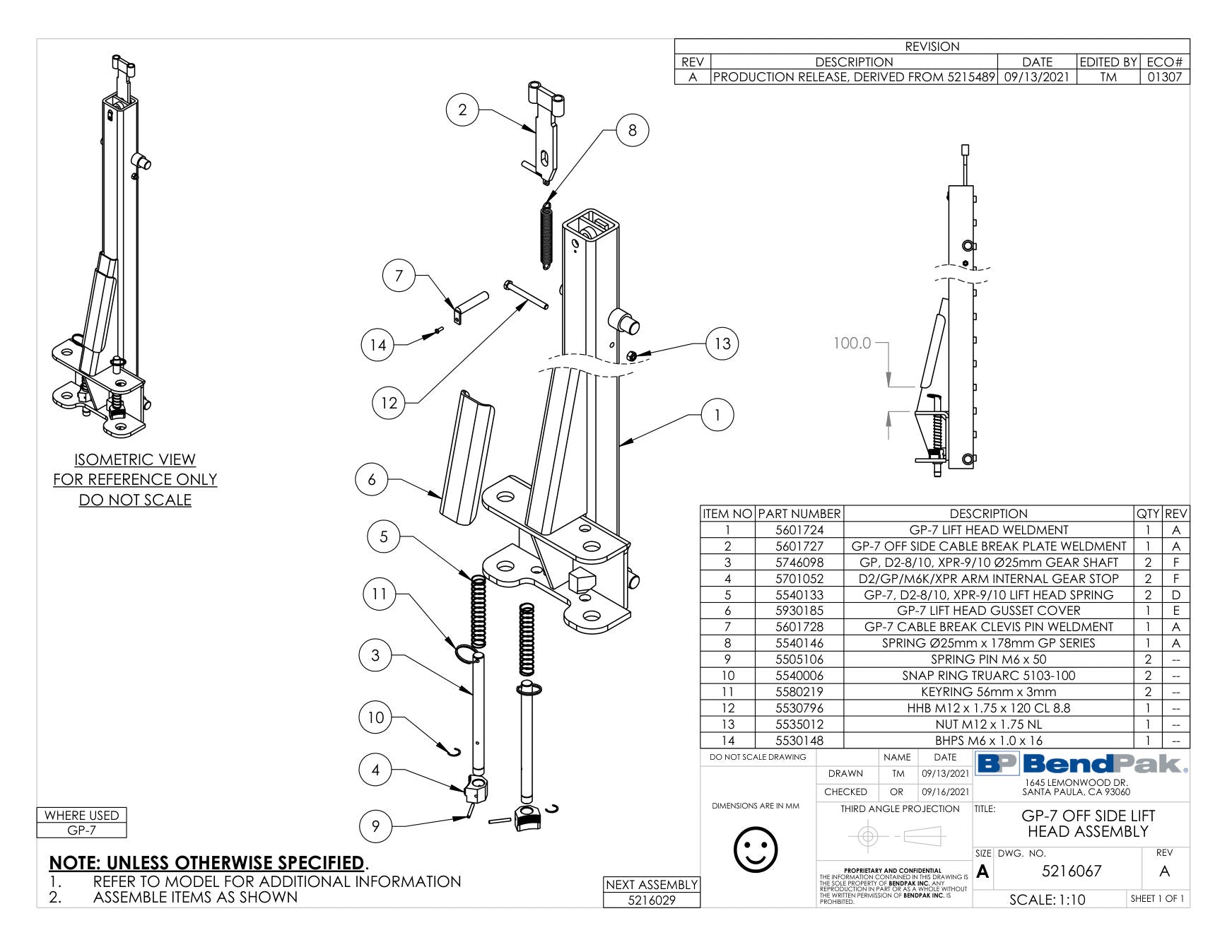 BendPak GP-7-150 parts diagram — Hhb M12 X 1.75 X 120 Cl 8.8 is item 12 (GP-7 OFF SIDE LIFT HEAD ASSEMBLY)