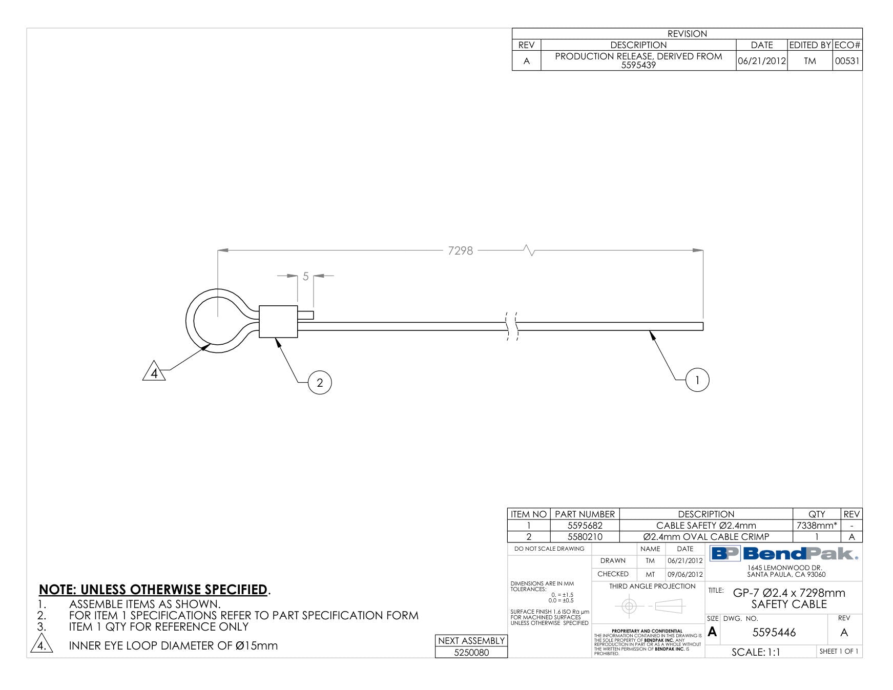 BendPak GP-7-150 parts diagram — this part is item 2 (GP-7 Ø2.4 x 7298mm SAFETY CABLE)