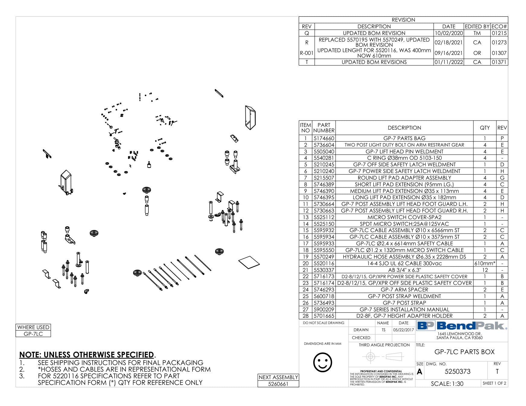 BendPak GP-7LC parts diagram — GP-7LC Cable Assembly Ø10 X 3575MM St is item 16 (GP-7LC PARTS BOX)