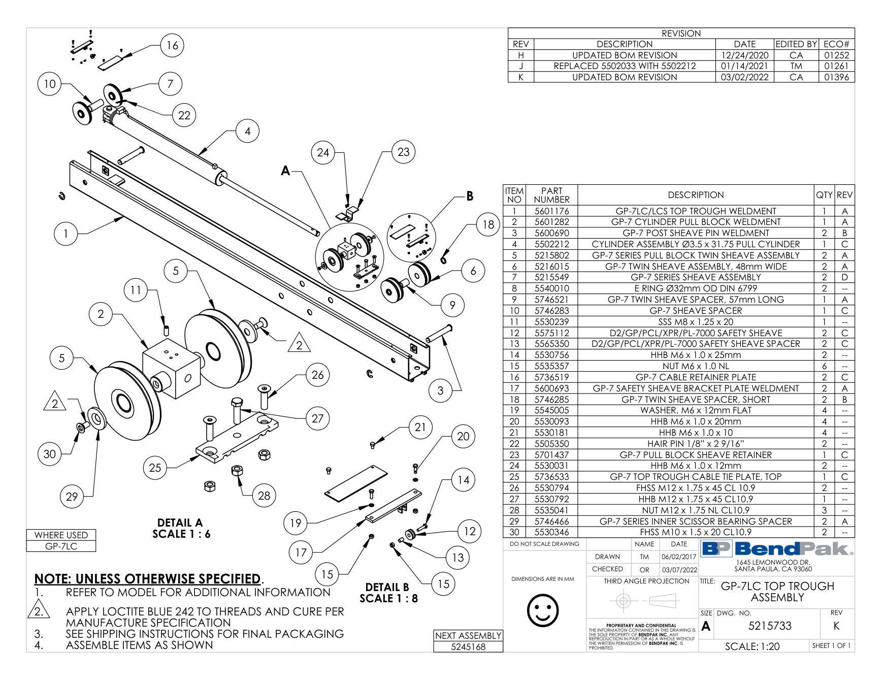 BendPak GP-7LC parts diagram — Cylinder Assembly Ø3.5 X 31.75 Pull Cylinder with Tube Block/ GP-7LC is item 4 (GP-7LC TOP TROUGH ASSEMBLY)