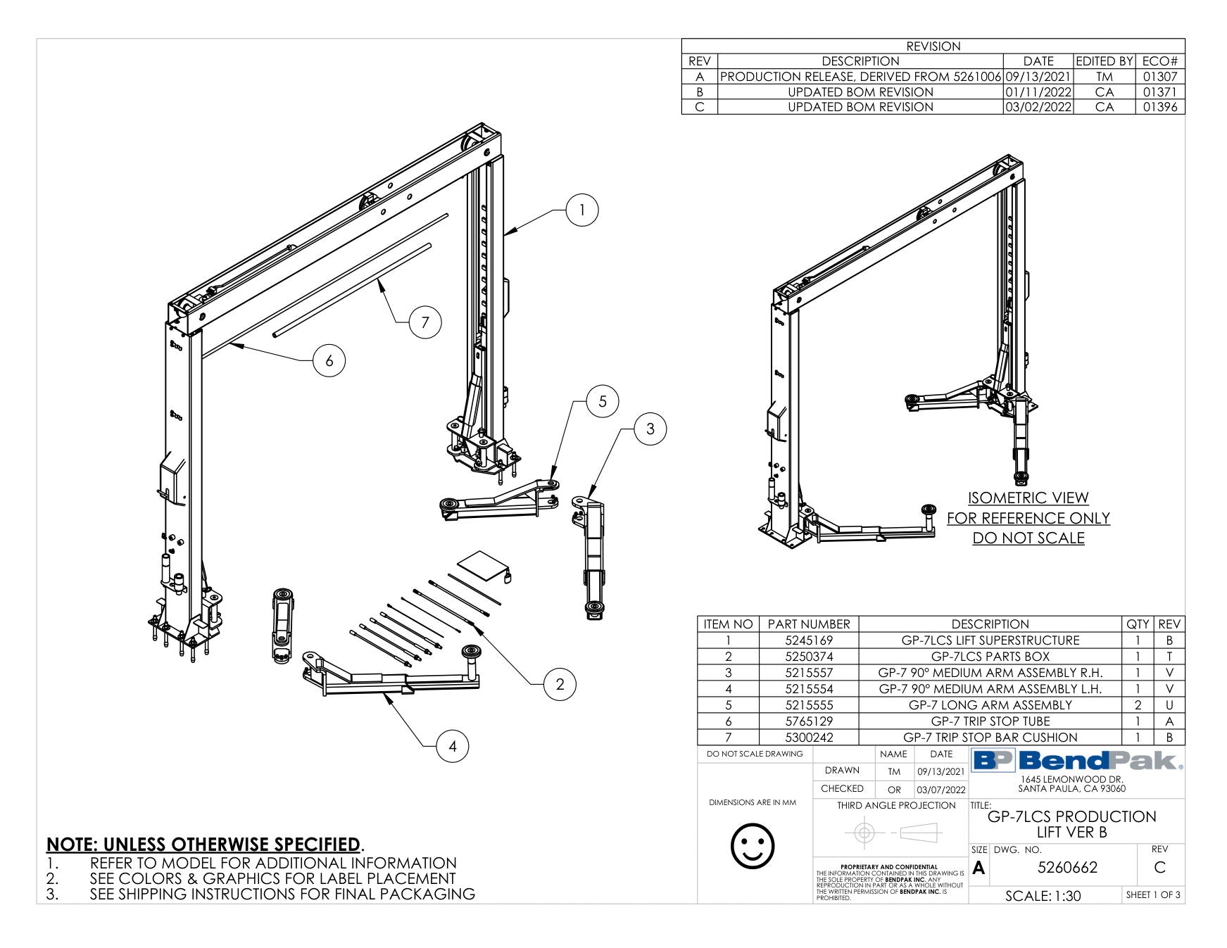 BendPak GP-7LCS parts diagram — GP-7LCS Parts Box is item 2 (GP-7LCS PRODUCTION LIFT VER B)