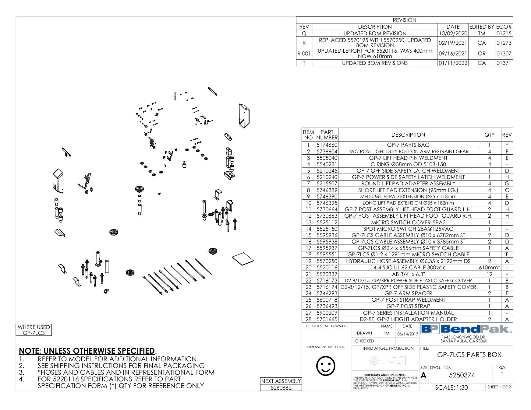 BendPak GP-7LCS parts diagram — GP-7LCS Cable Assembly Ø10 X 3785MM St is item 16 (GP-7LCS PARTS BOX)