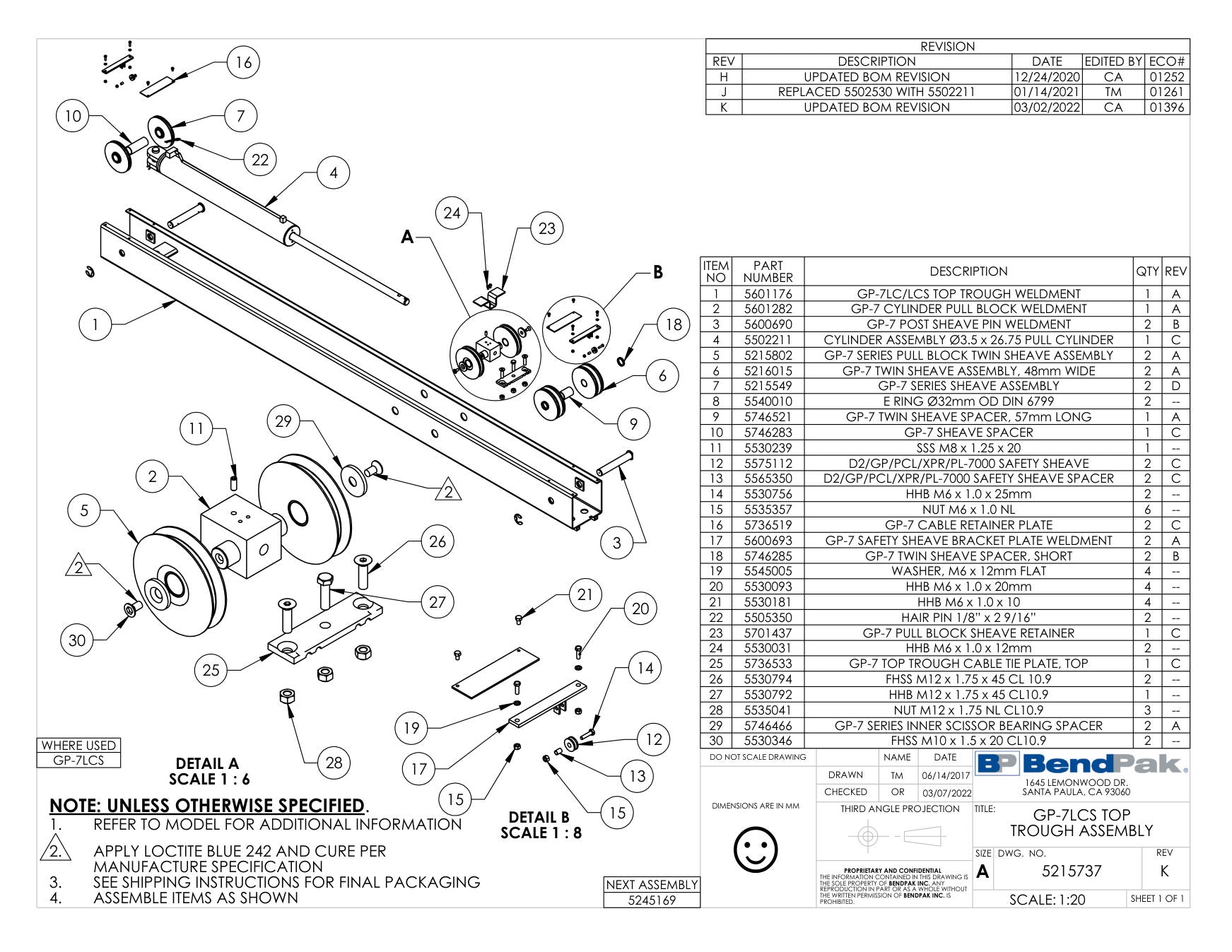 BendPak GP-7LCS parts diagram — GP-7LC Top Trough Weldment is item 1 (GP-7LCS TOP TROUGH ASSEMBLY)