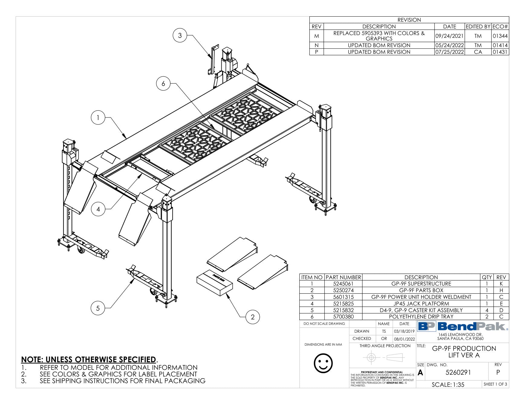 BendPak GP-9F parts diagram — GP-9 Series Caster Kit Assembly is item 5 (GP-9F PRODUCTION LIFT VER A)