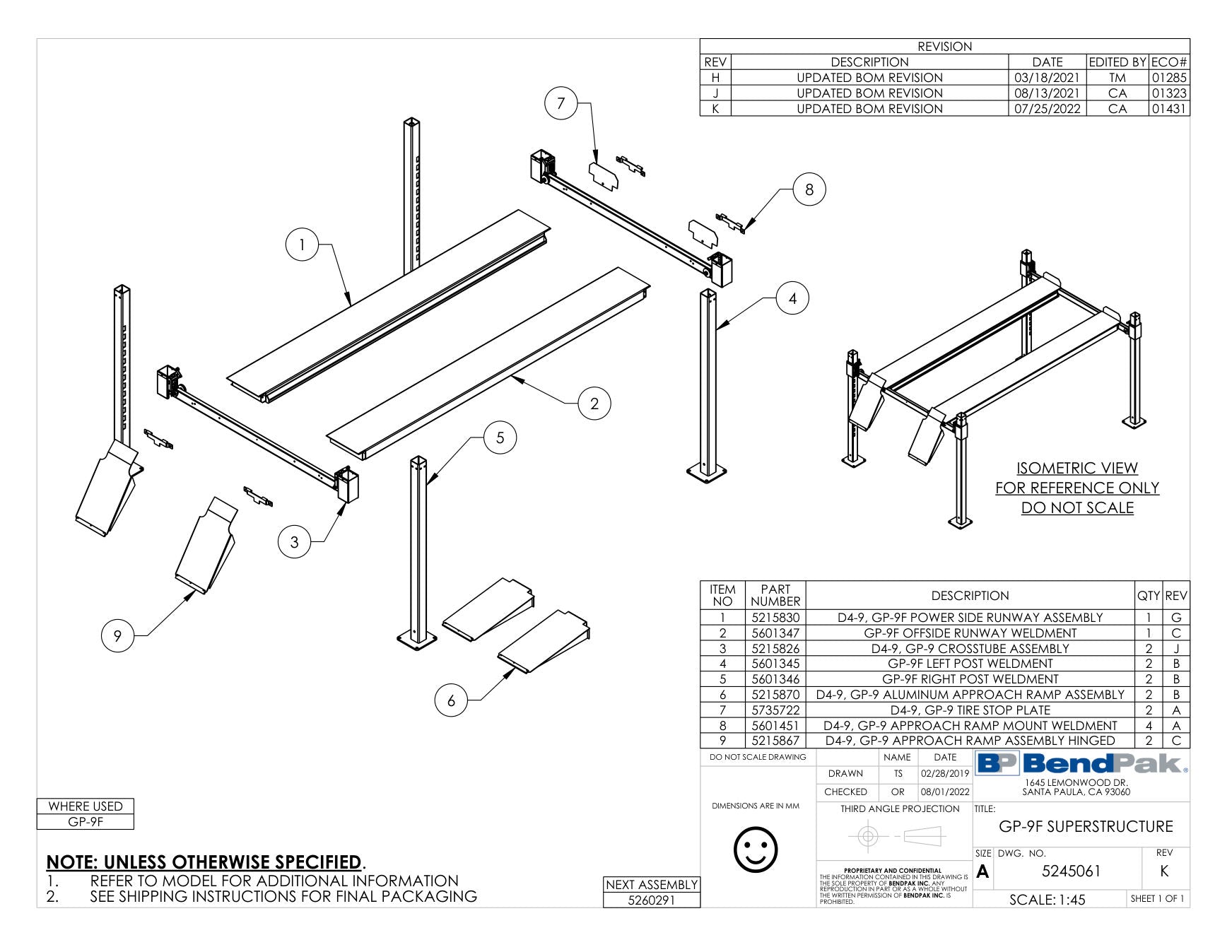 BendPak GP-9F parts diagram — GP-9F Left Post Weldment is item 4 (GP-9F SUPERSTRUCTURE)
