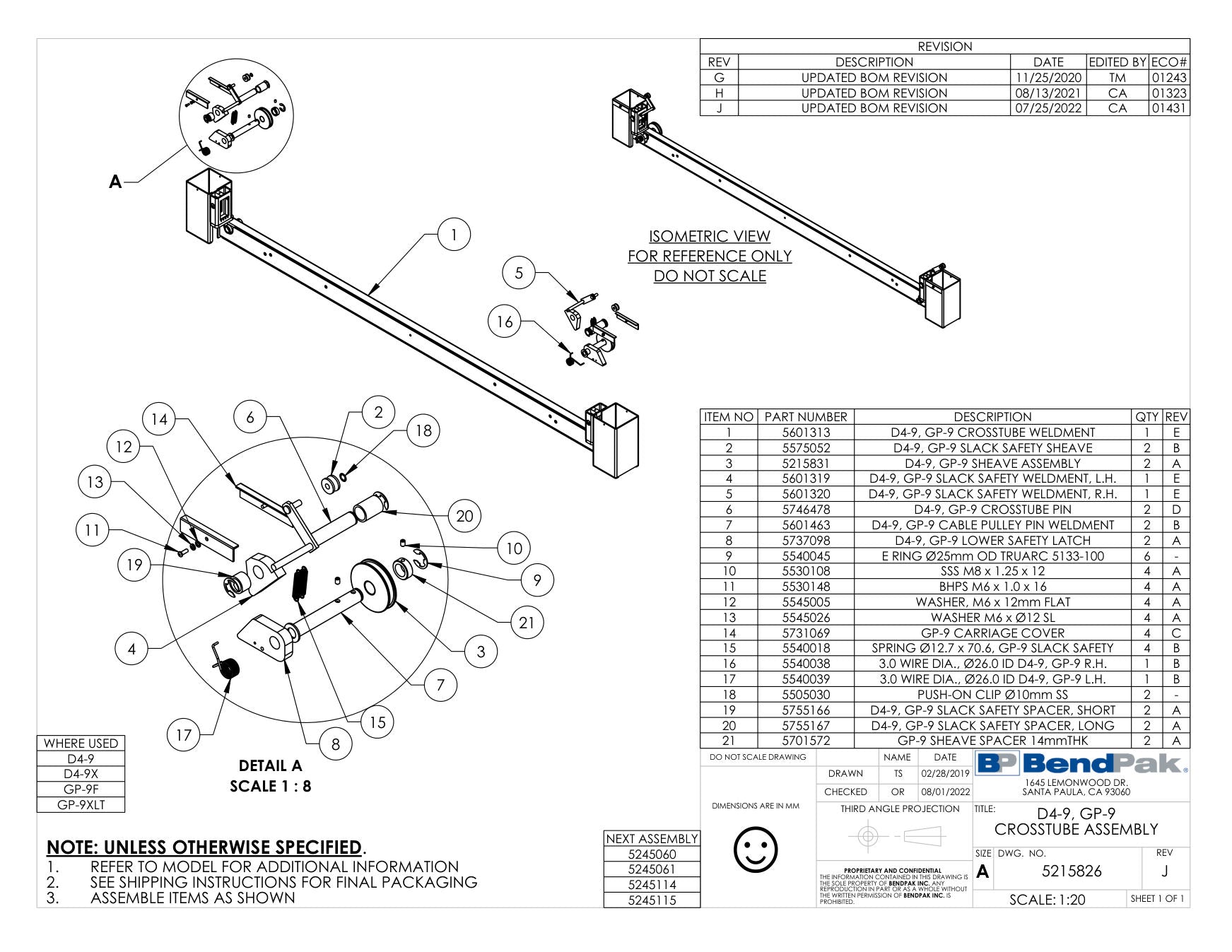 BendPak GP-9F parts diagram — GP-9 Series Slack Safety Weldment, R.h is item 5 (D4-9, GP-9 CROSSTUBE ASSEMBLY)