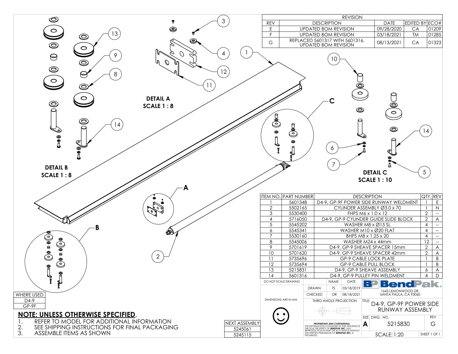 BendPak GP-9F parts diagram — GP-9 Series Pulley Pin Weldment Single is item 14 (D4-9, GP-9F POWER SIDE RUNWAY ASSEMBLY)