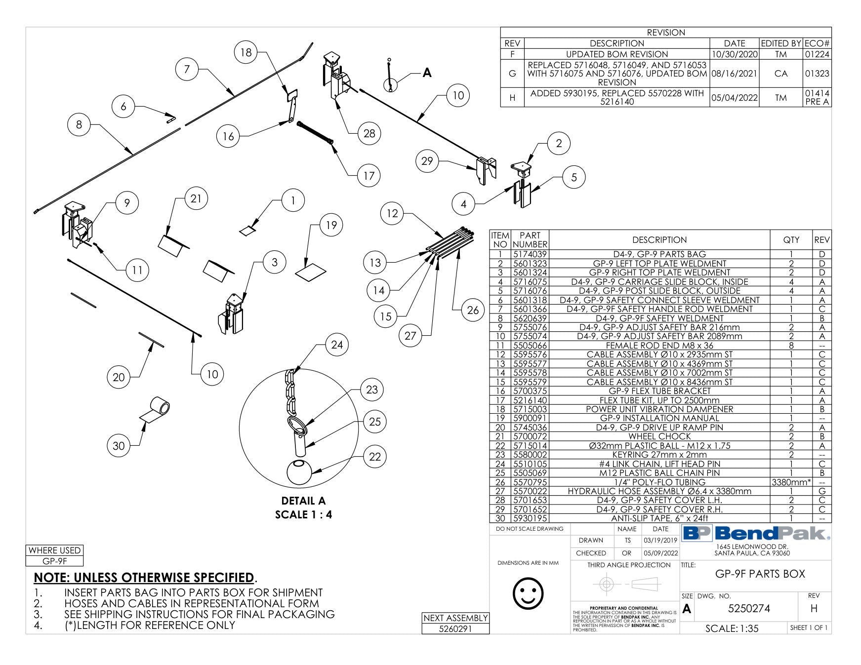BendPak GP-9F parts diagram — Cable Assembly Ø10 X 2885MM St is item 12 (GP-9F PARTS BOX)