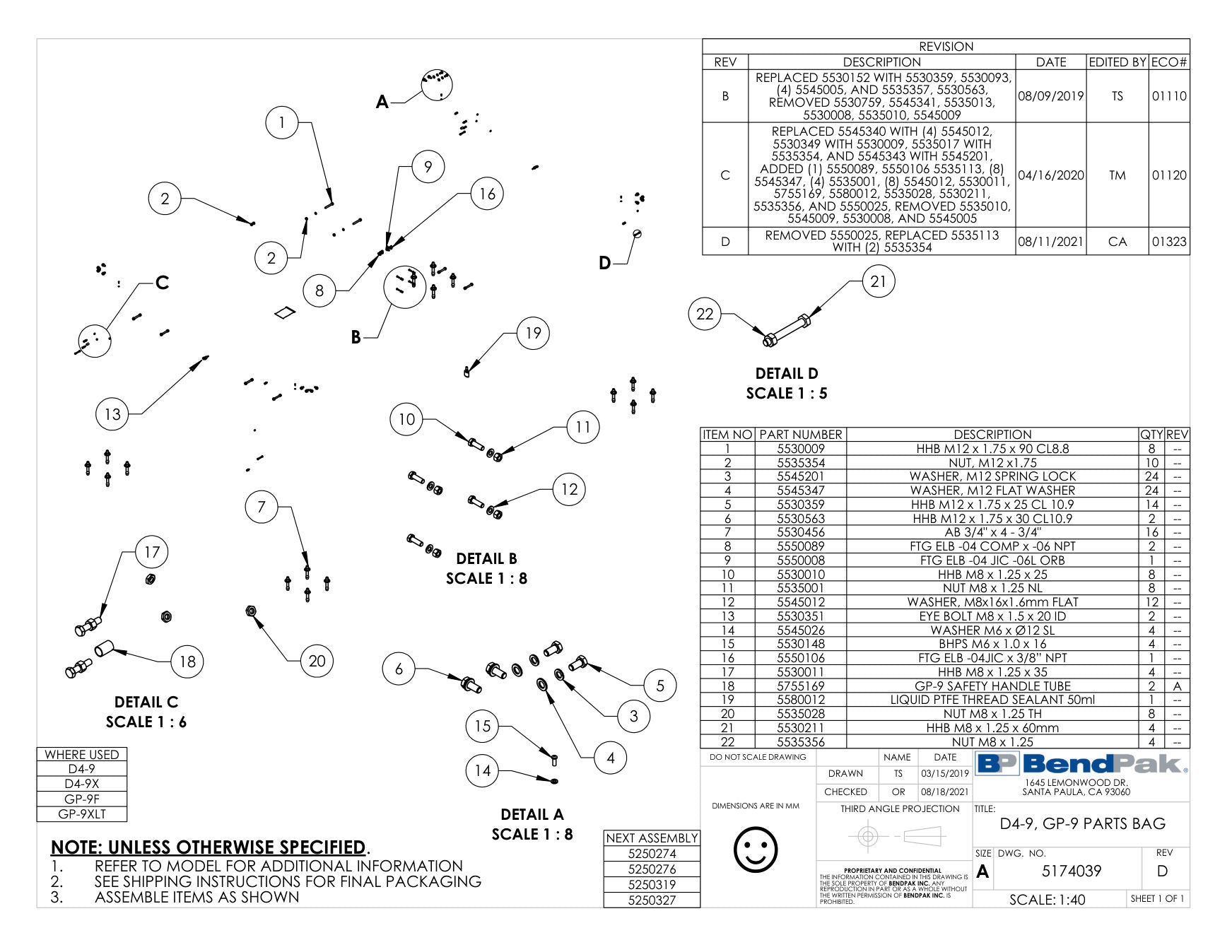 BendPak GP-9F parts diagram — Thin Nut, M8 X 1.25MM is item 20 (D4-9, GP-9 PARTS BAG)