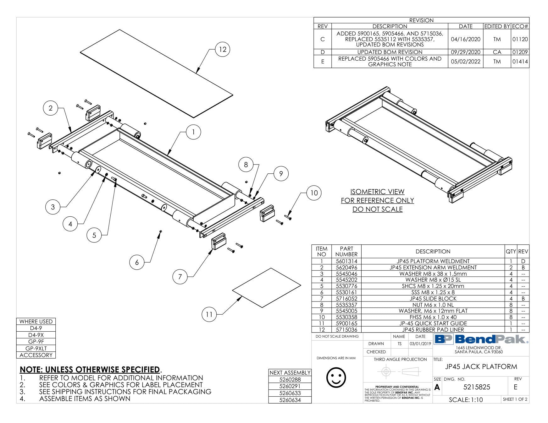 BendPak GP-9F parts diagram — JP45 Slide Block is item 7 (JP45 JACK PLATFORM)
