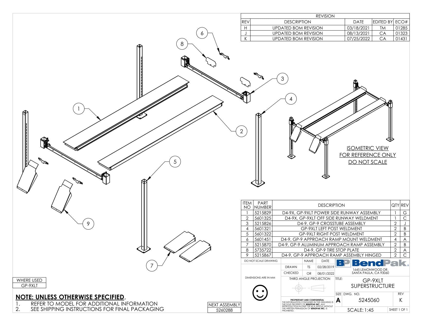 BendPak GP-9XLT parts diagram — GP-9XLT Right Post Weldment is item 5 (GP-9XLT SUPERSTRUCTURE)