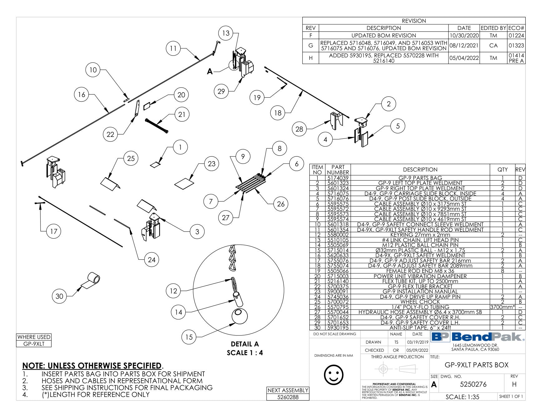 BendPak GP-9XLT parts diagram — Cable Assembly Ø10 X 9267MM St is item 7 (GP-9XLT PARTS BOX)