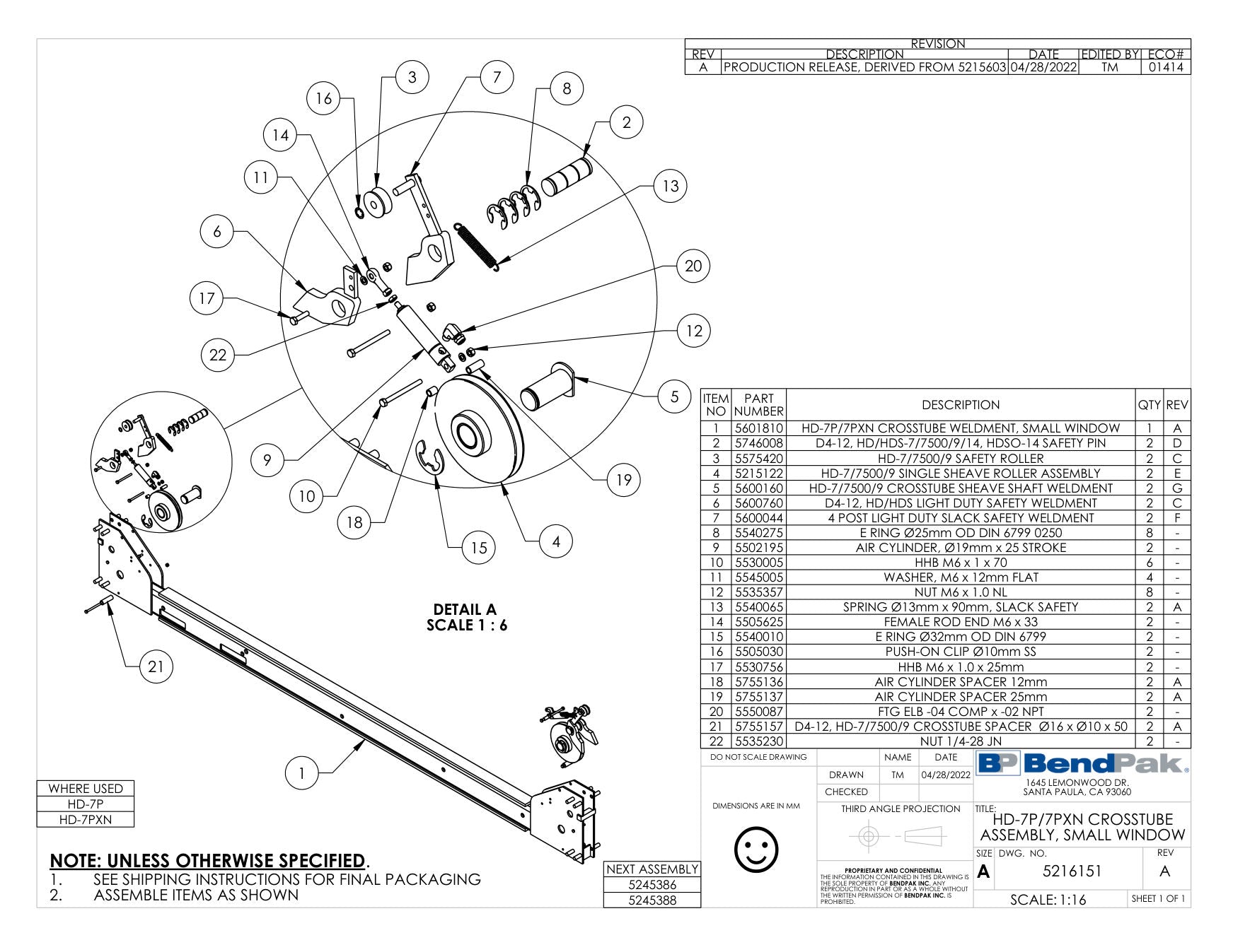 BendPak HD-7P parts diagram — HD-7P/7PXN Crosstube Weldment, Small Window is item 1 (HD-7P/7PXN CROSSTUBE ASSEMBLY, SMALL WINDOW)