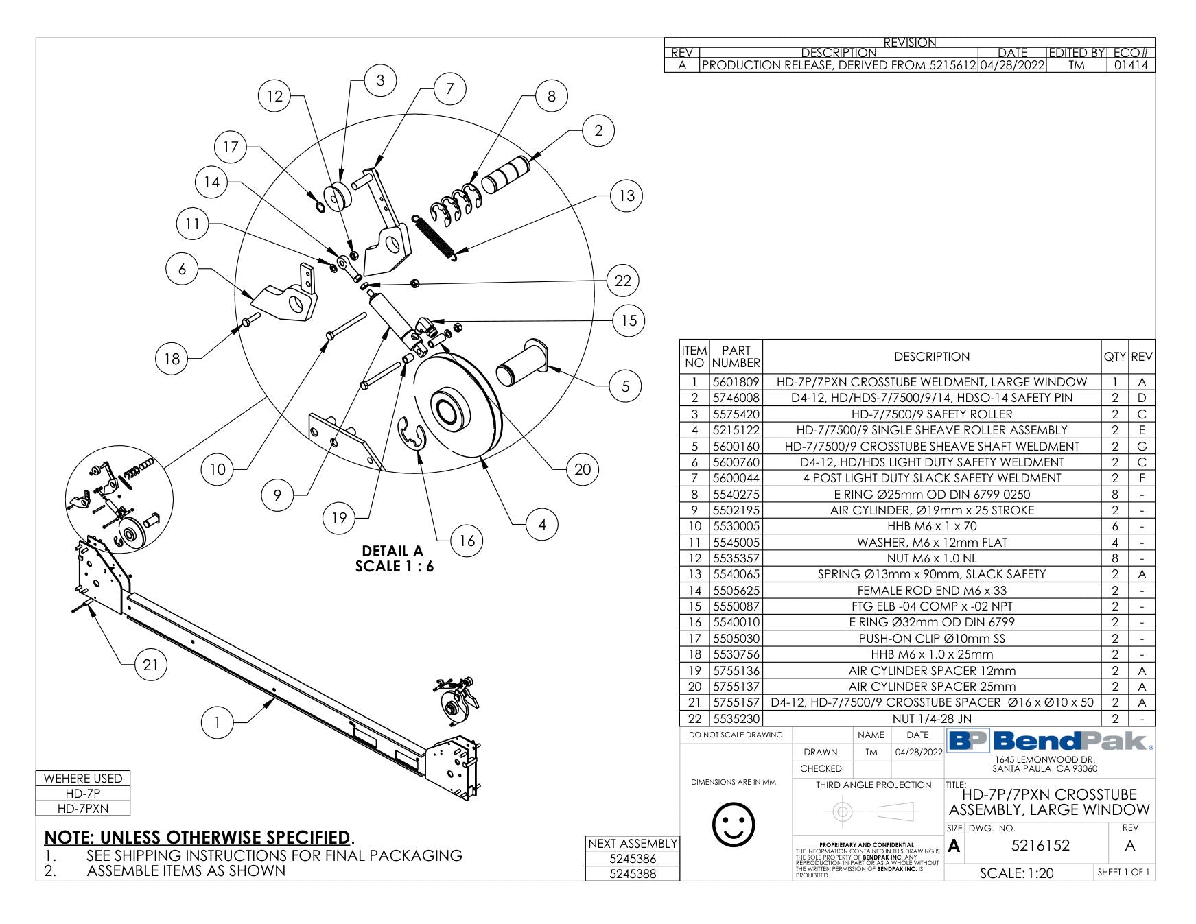 BendPak HD-7P parts diagram — HD-7P/7PXN Crosstube Weldment, Large Window is item 1 (HD-7P/7PXN CROSSTUBE ASSEMBLY, LARGE WINDOW)
