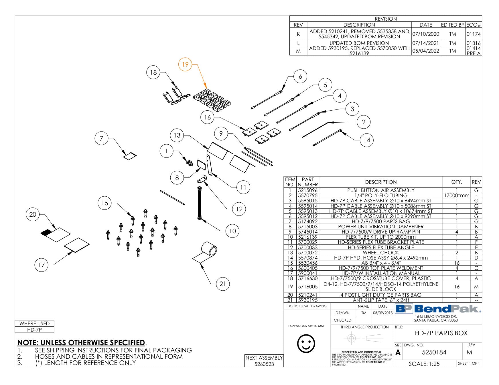BendPak HD-7P parts diagram — Cable Assy; Ø10 X 6494MM St (19MM) is item 3 (HD-7P PARTS BOX)