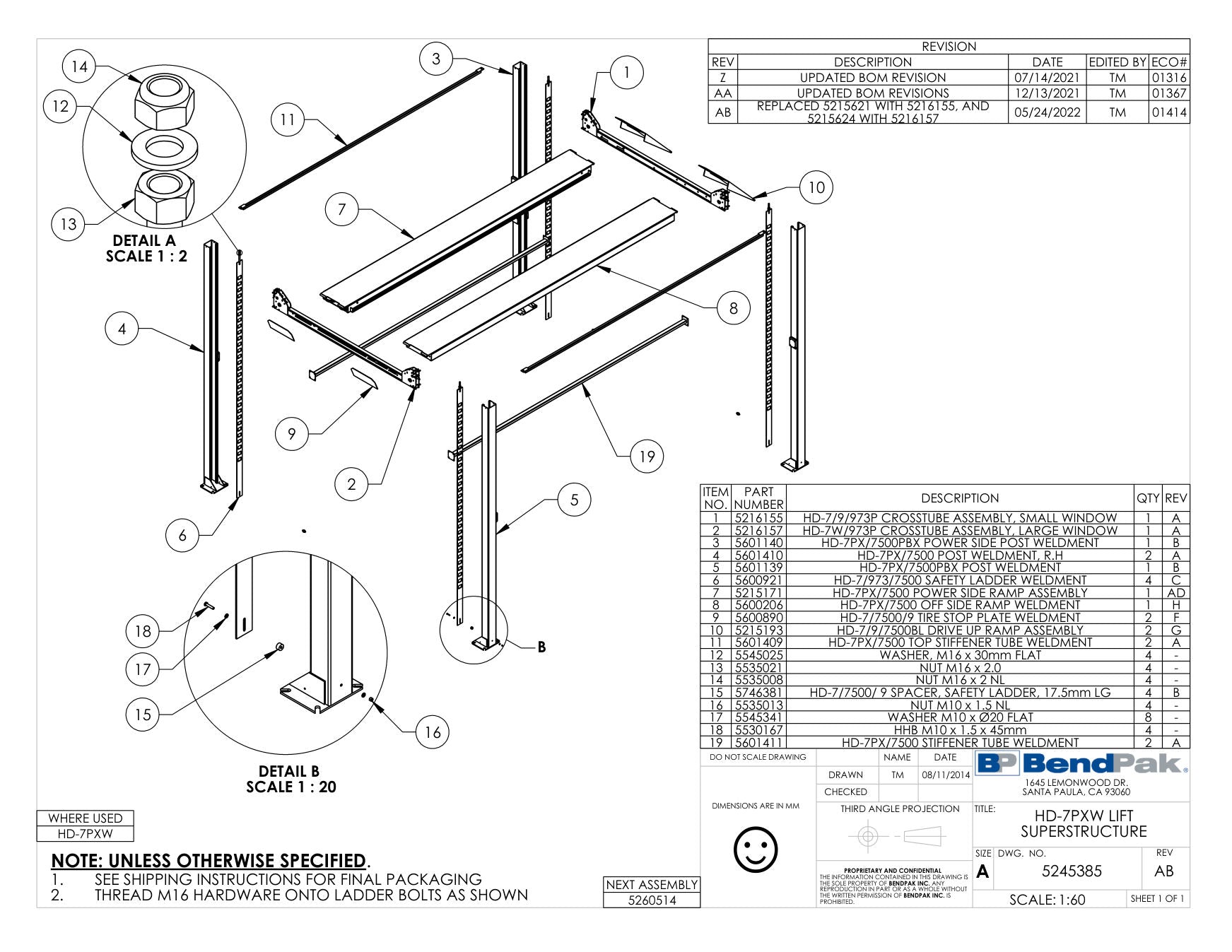 BendPak HD-7PXW parts diagram — HD-7PX Series Post Weldment is item 5 (HD-7PXW LIFT SUPERSTRUCTURE)