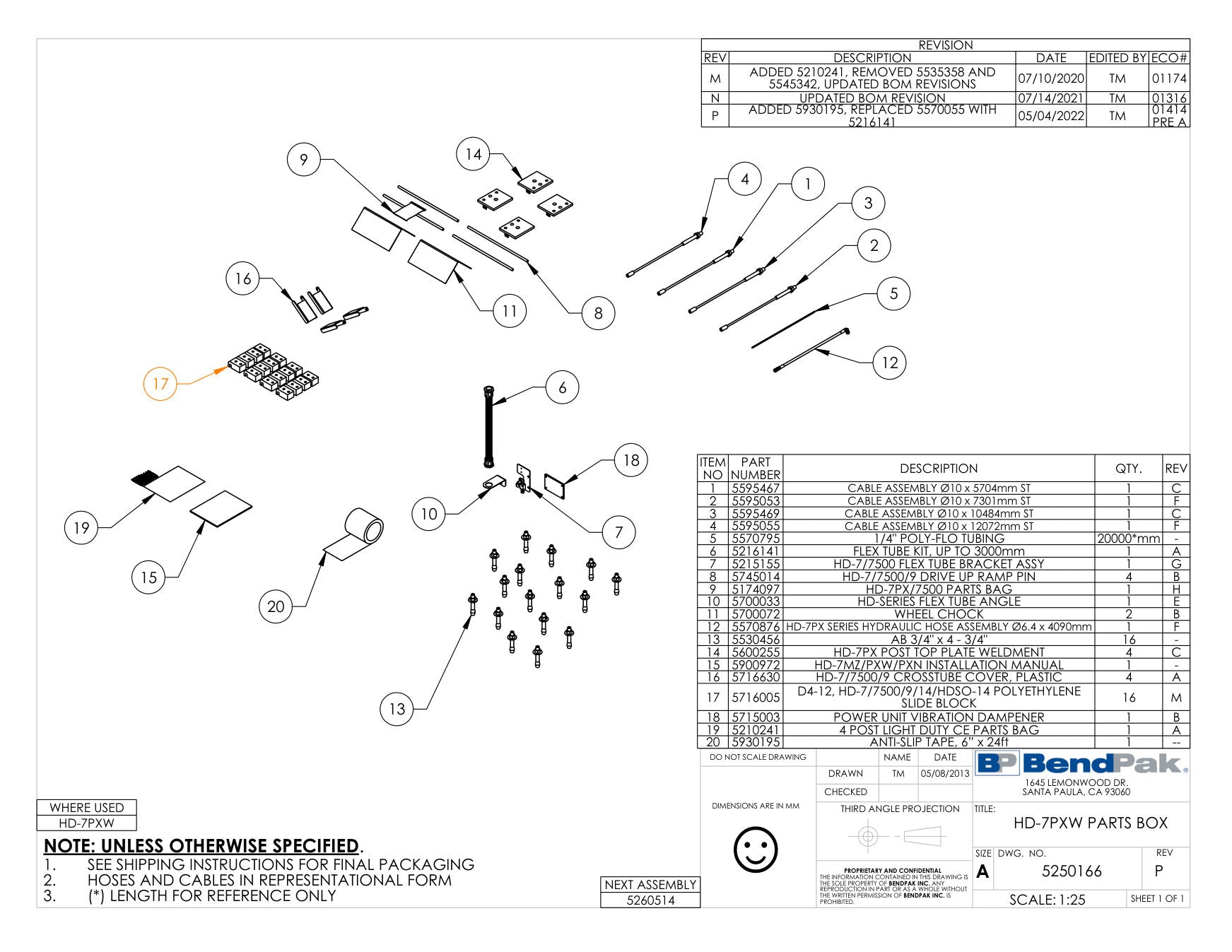 BendPak HD-7PXW parts diagram — HD-7/ 7500 Flex Tube Bracket Assembly is item 7 (HD-7PXW PARTS BOX)